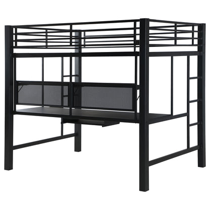 Ranier - Full Workstation Loft Bed, Full Length Desk, Safety Rails And Storage Shelves - Black - The Sleep Loft - Online Mattress Showroom NYC