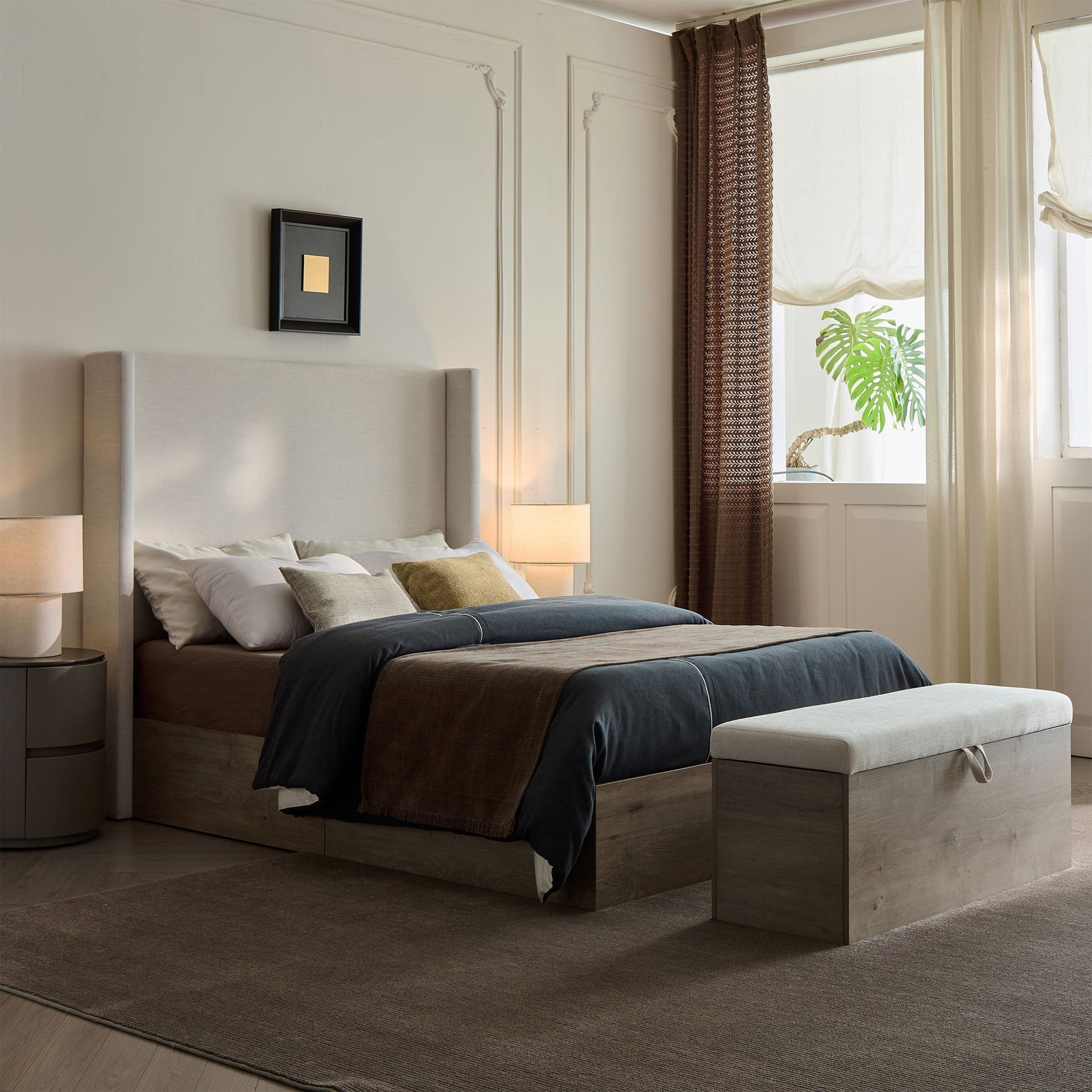 Shelton - Queen Upholstered Wingback Bed With 54" High Headboard - Ivory / Light Gray / Camel Oak - The Sleep Loft - Online Mattress Showroom NYC