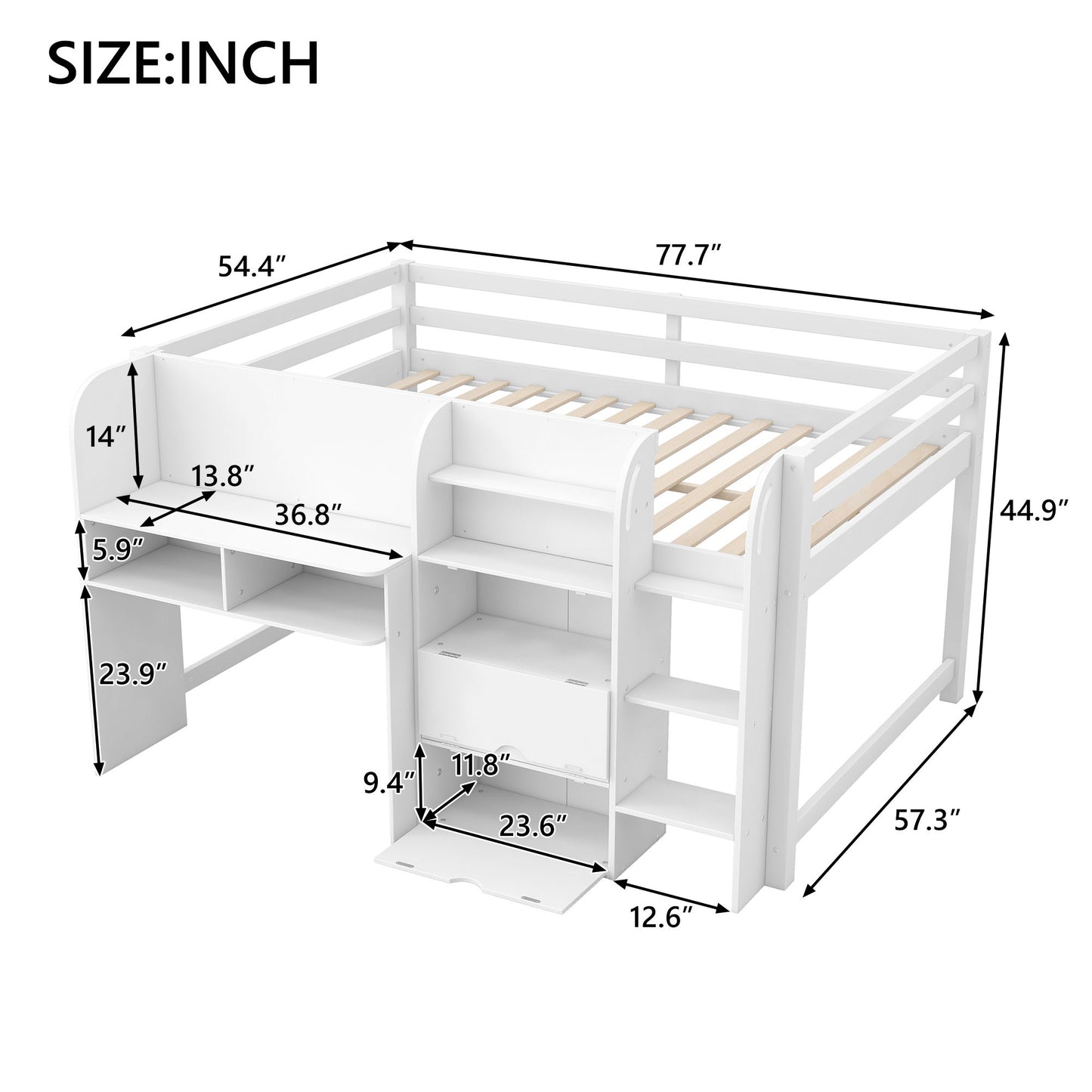 Low Loft Bed With Built In Desk, Storage Cabinets, Open Bookcase And Doodle board - The Sleep Loft - Online Mattress Showroom NYC
