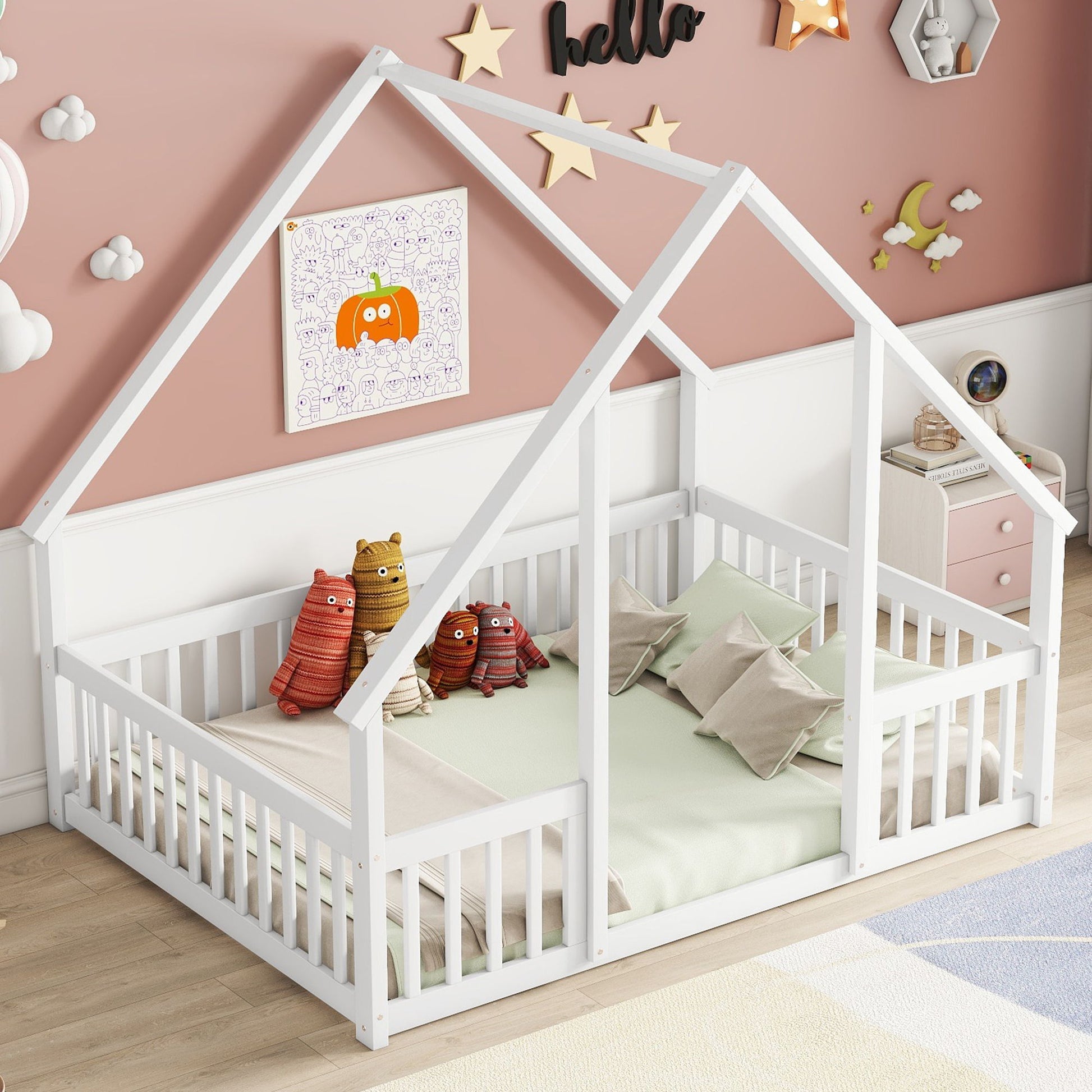 Wood House-Shaped Floor Bed With Fence, Guardrails - The Sleep Loft - Online Mattress Showroom NYC
