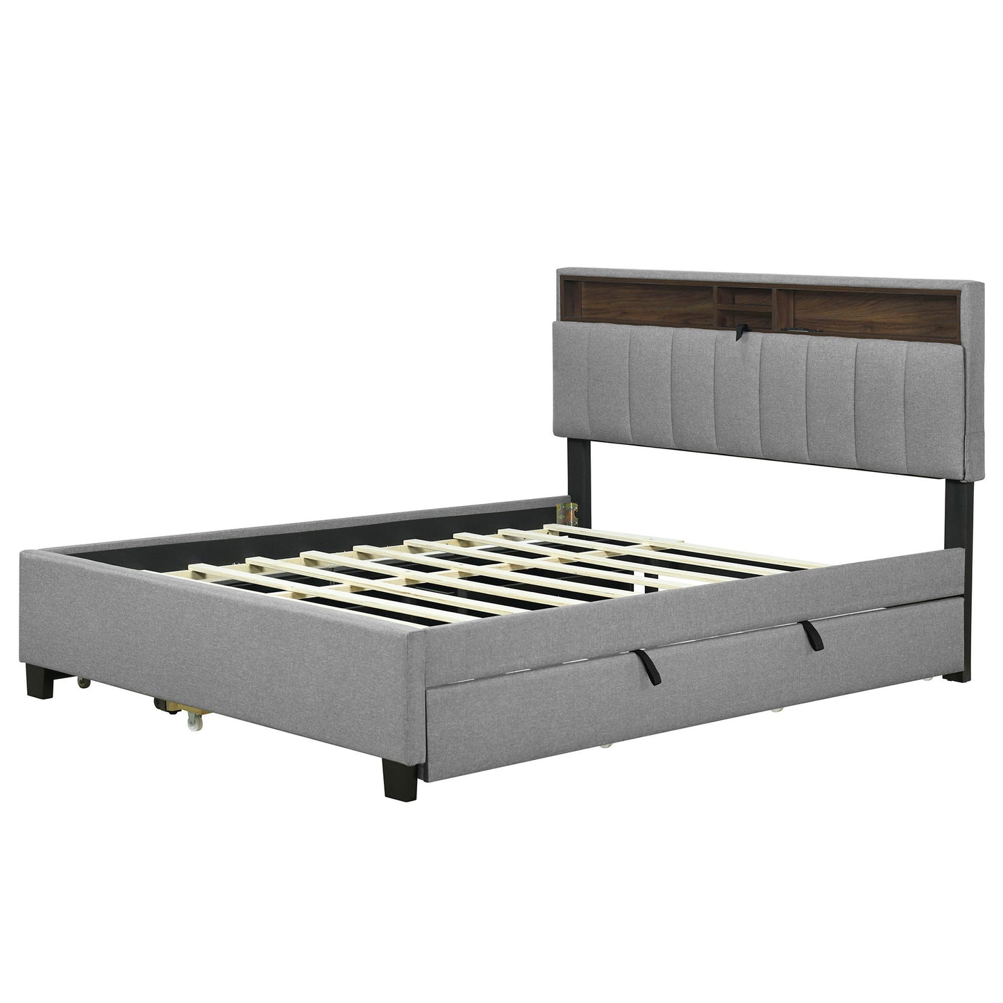 Upholstered Platform Bed With Storage Headboard, Trundle & 2 Drawers And A Set Of Sockets & USB Ports - The Sleep Loft - Online Mattress Showroom NYC