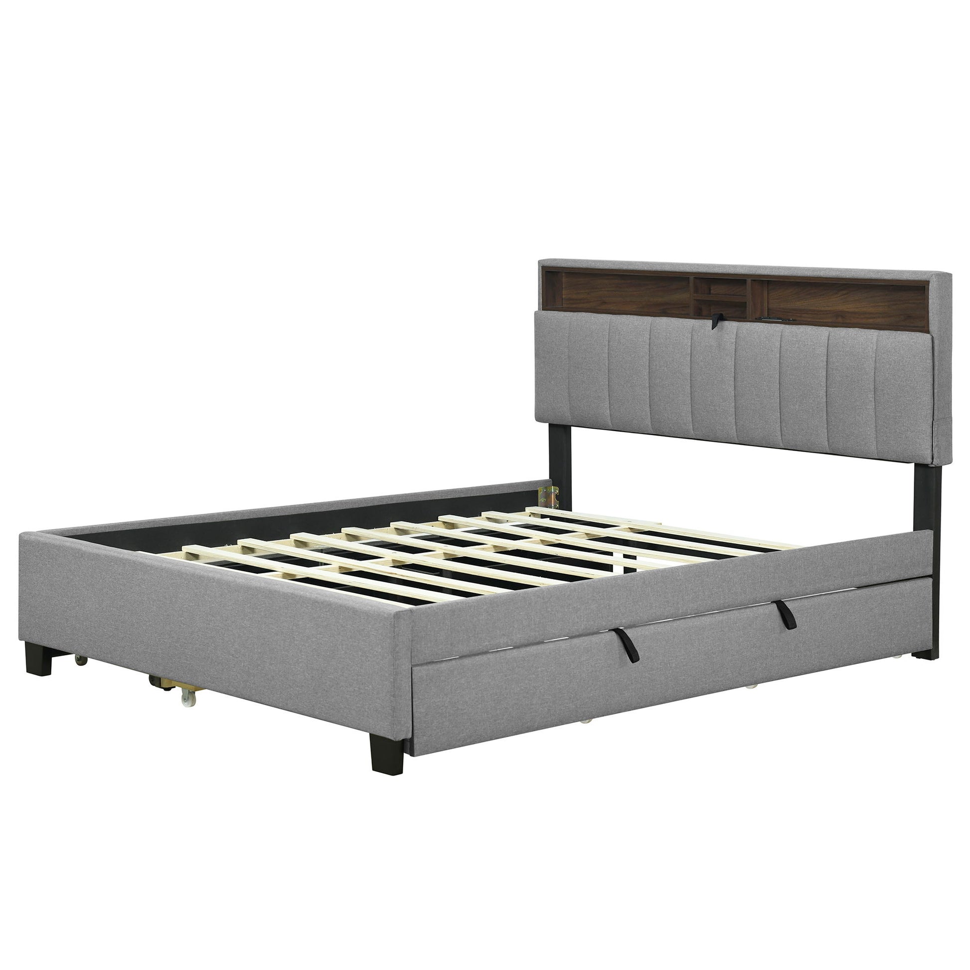Upholstered Platform Bed With Storage Headboard, Trundle & 2 Drawers And A Set Of Sockets & USB Ports - The Sleep Loft - Online Mattress Showroom NYC