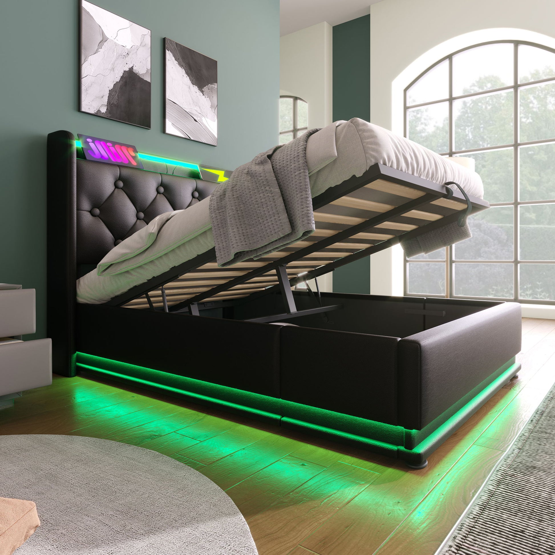 Upholstered Bed, 360 Surround LED Function, Remote Control, Hydraulic Storage Bed With USB, Type-C Charging (Without Mattress) - The Sleep Loft - Online Mattress Showroom NYC