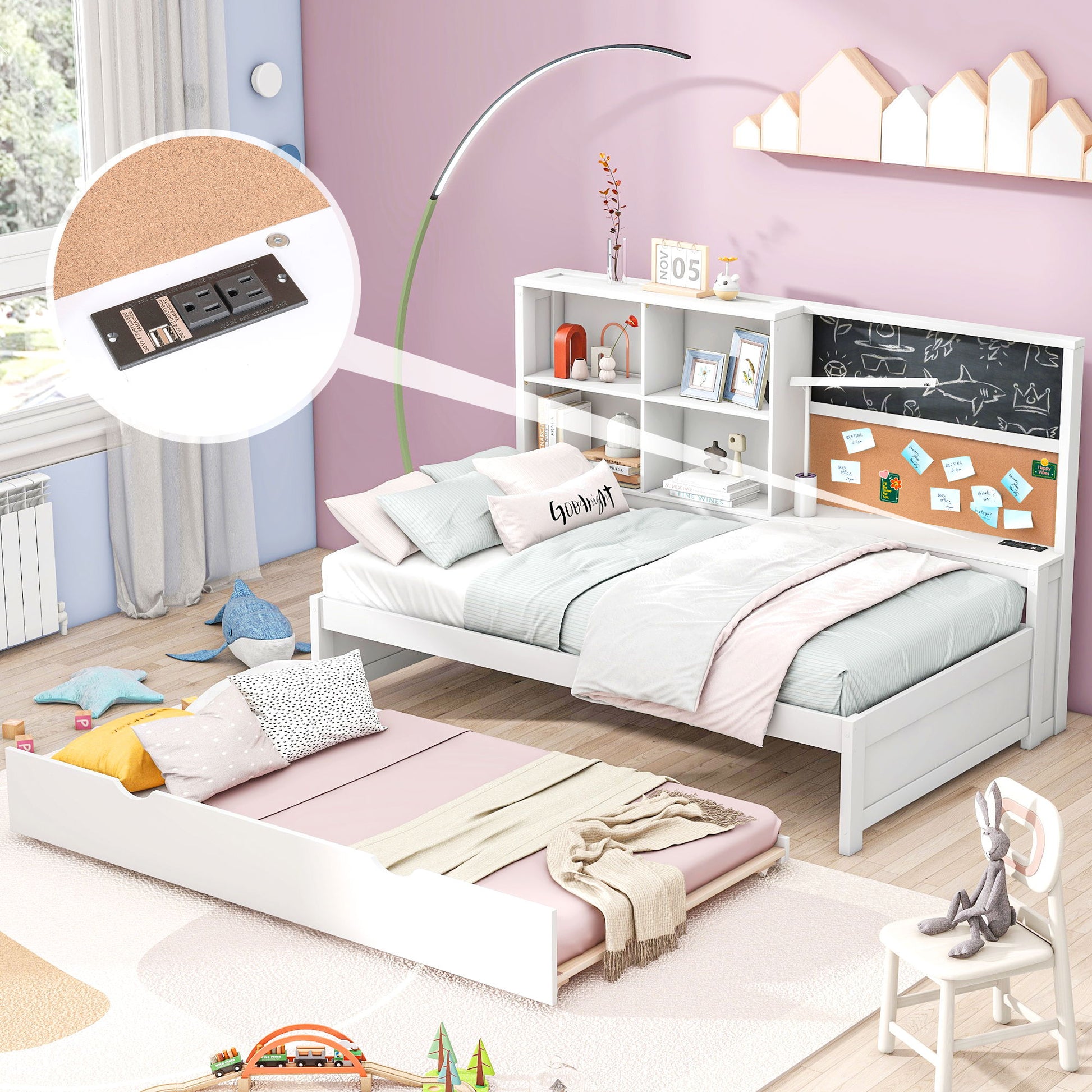 Twin Size Daybed With Storage Shelvesboard, Cork Board, USB Ports And Trundle - White - The Sleep Loft - Online Mattress Showroom NYC