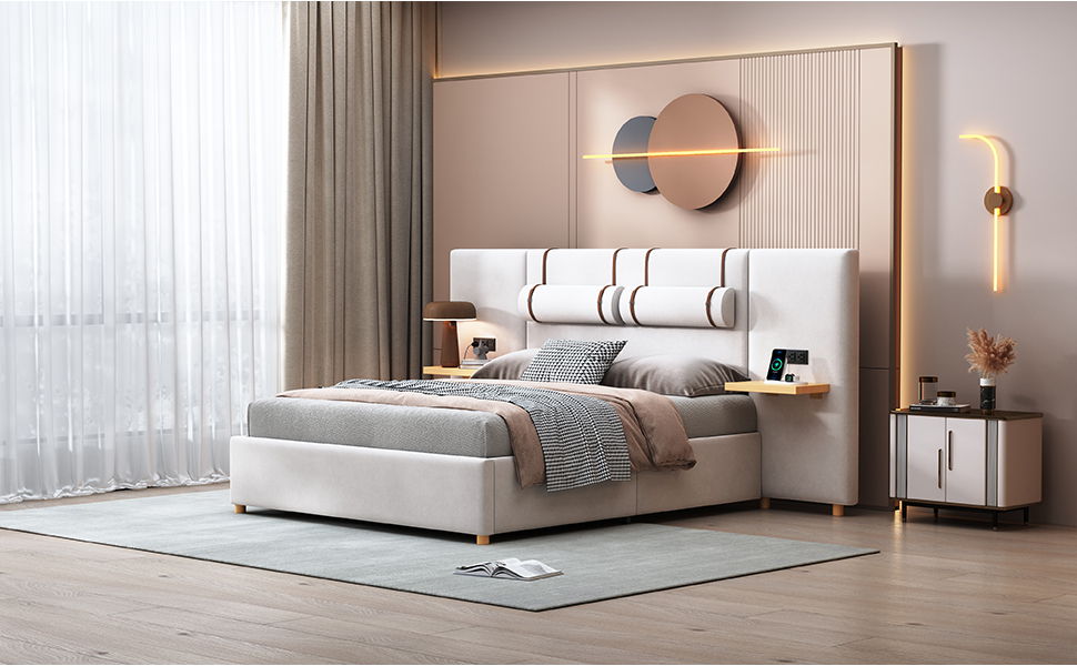 Upholstered Platform Bed, 2 Outlets And USB Charging Ports On Both Sides, 2 Bedside Pillows, Storage Shelves - The Sleep Loft - Online Mattress Showroom NYC