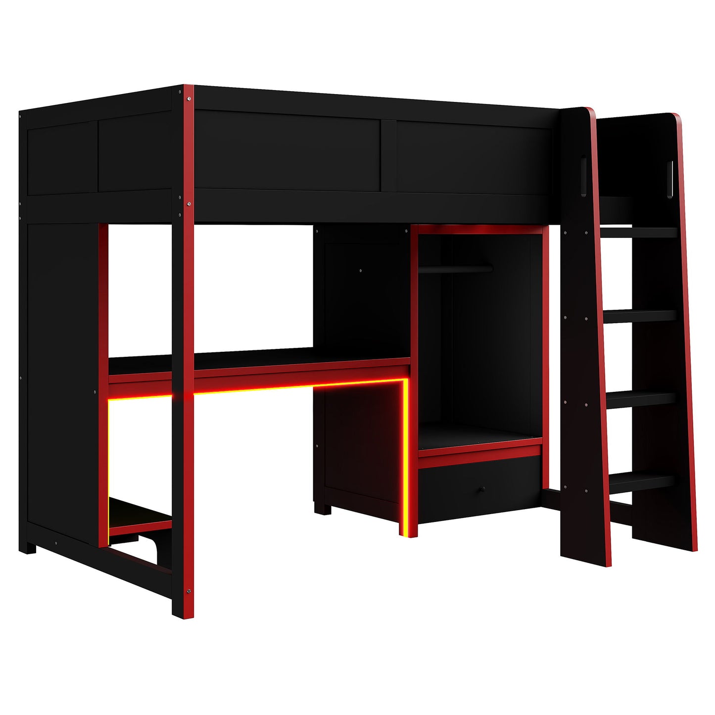 Gaming Loft Bed With Built In Desk, Wardrobe, LED Lighting And Drawer - The Sleep Loft - Online Mattress Showroom NYC