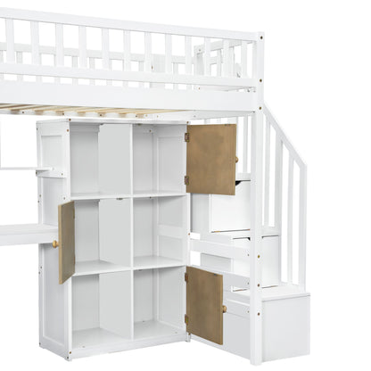 Loft Bed With Built In L Shaped Desk, LED Lights, Storage Shelves, Cabinets, And Staircase - The Sleep Loft - Online Mattress Showroom NYC