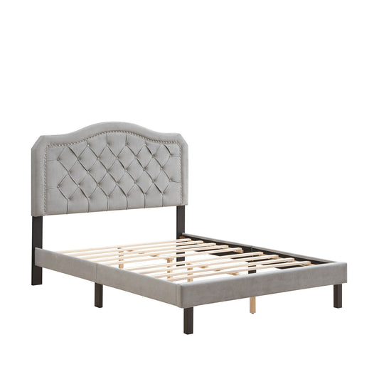 Queen Platform Upholstered Bed Button Tufted With Curve Design, Strong Wood Slat Support - Gray - The Sleep Loft - Online Mattress Showroom NYC