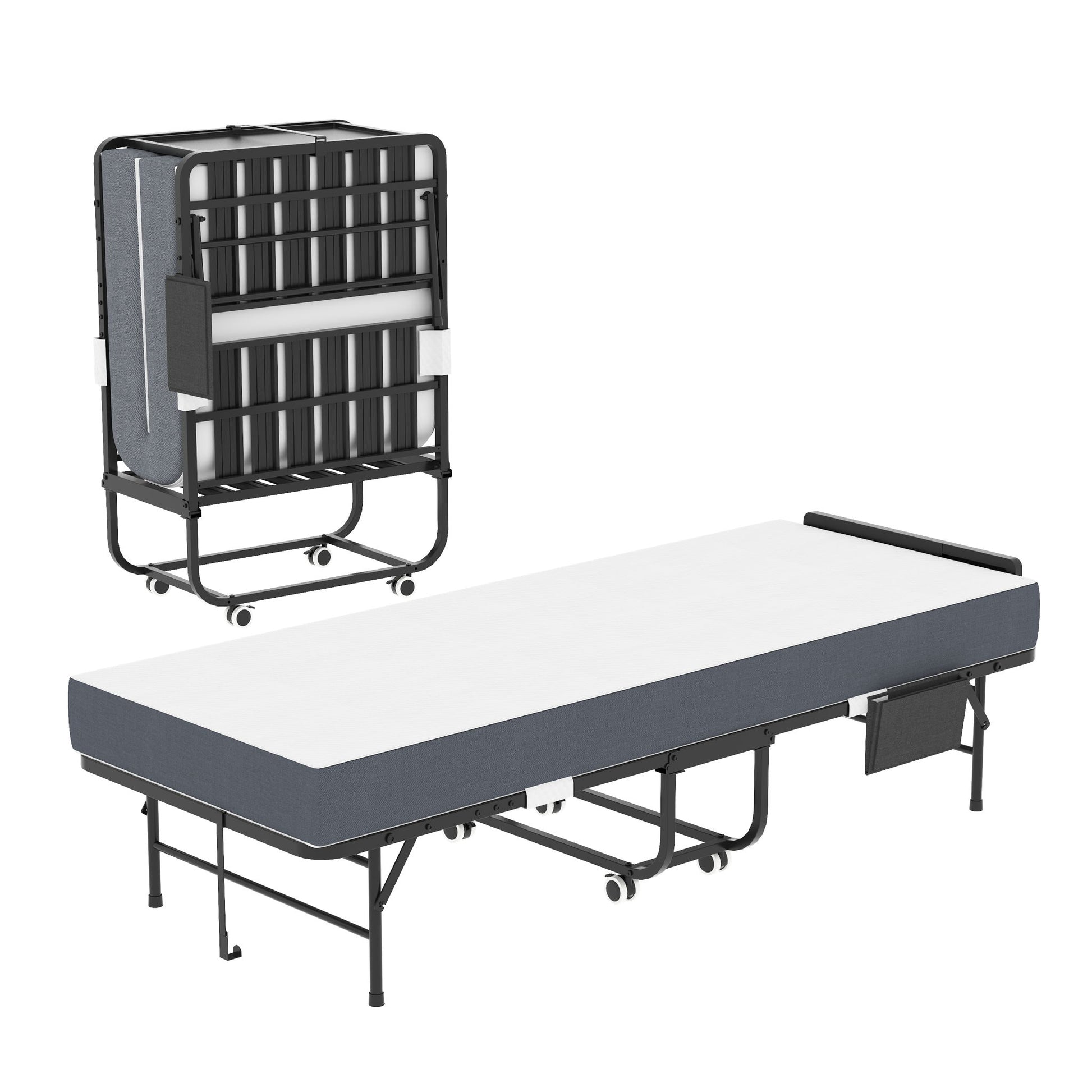 Twin Folding Bed With Adjustable Headboard & Memory Foam, Space Saving Rollaway Guest For Tall People, Portable On Wheels, Easy Assembly - Black - The Sleep Loft - Online Mattress Showroom NYC