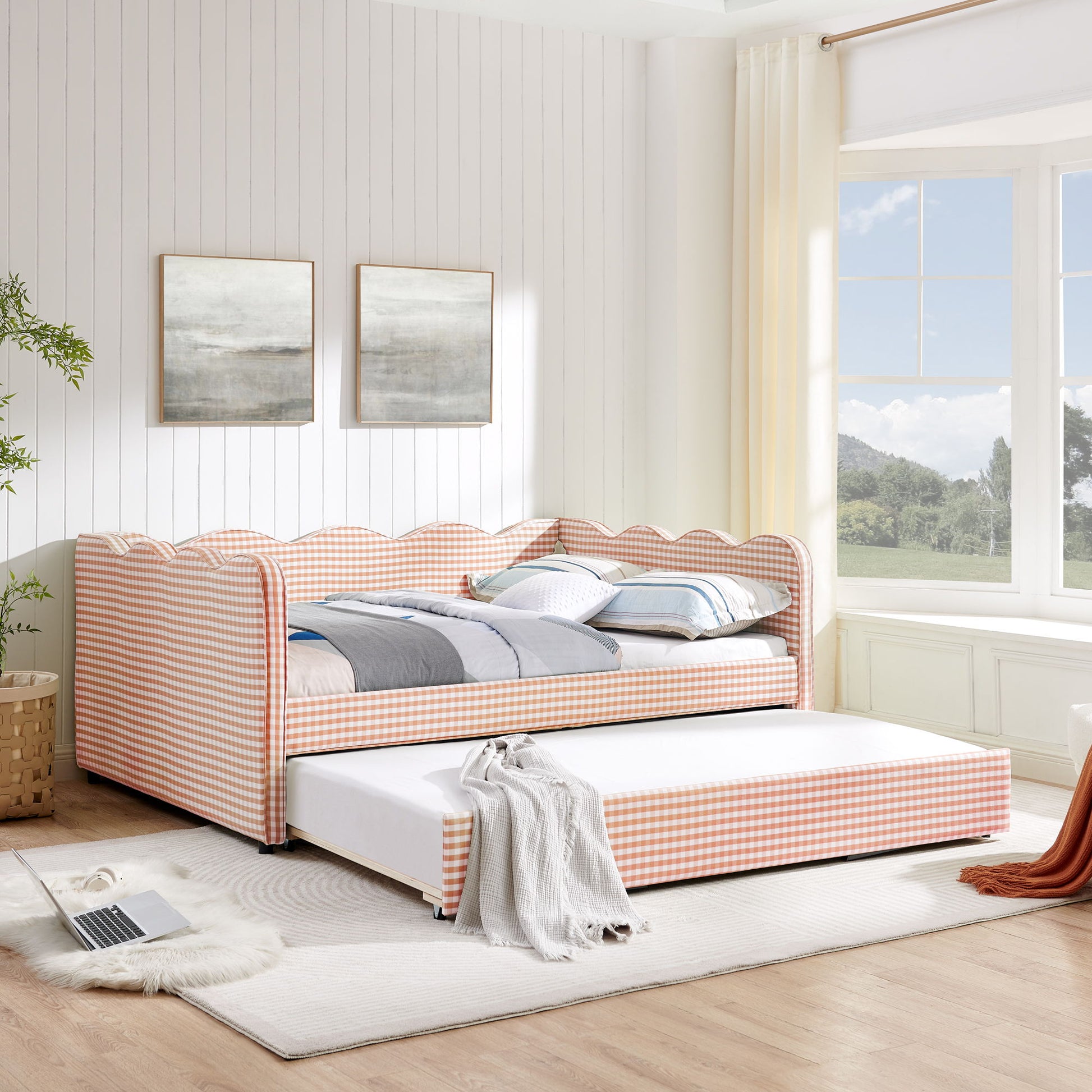 Gingham Daybed With USB Charging Port, Wave-Shaped Design - The Sleep Loft - Online Mattress Showroom NYC