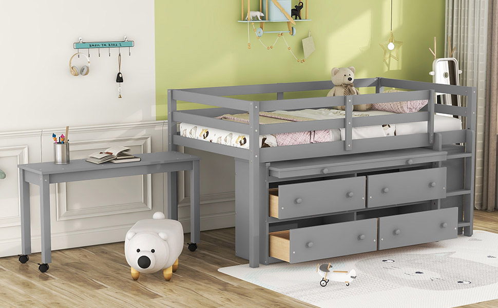 Loft Bed With Retractable Writing Desk And 4 Drawers, With Lateral Portable Desk And Shelves - The Sleep Loft - Online Mattress Showroom NYC