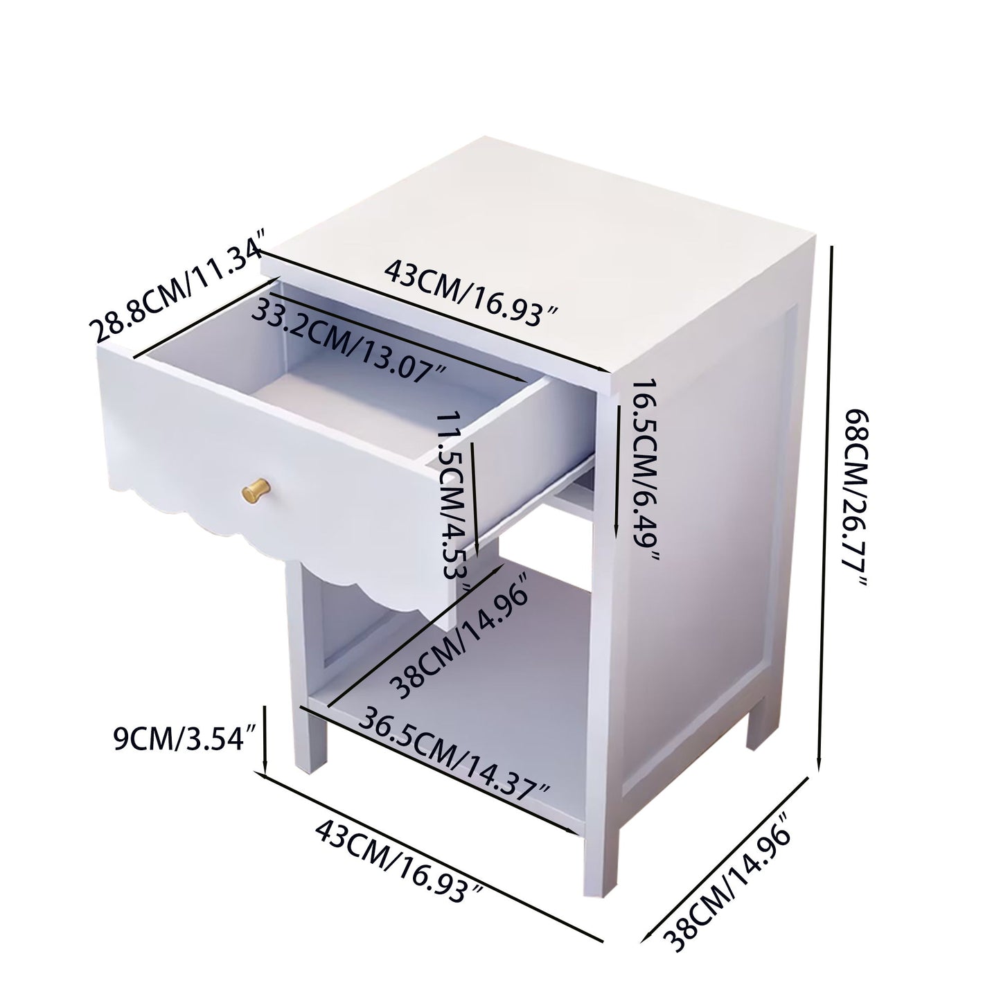 Nightstand With Drawer And Open Shelf, Scalloped Edge Bedside Table - The Sleep Loft - Online Mattress Showroom NYC