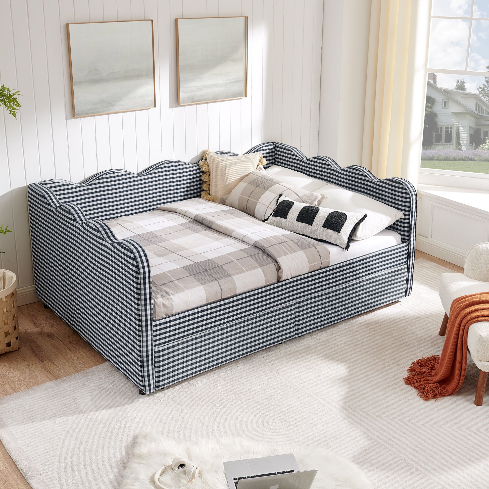 Gingham Daybed With USB Charging Port, Wave-Shaped Design - The Sleep Loft - Online Mattress Showroom NYC