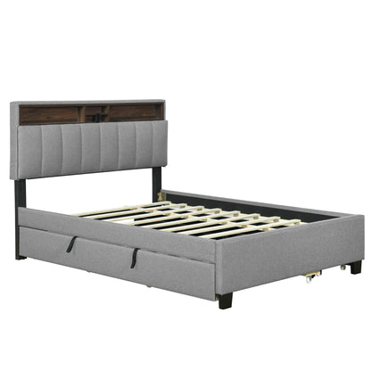 Upholstered Platform Bed With Storage Headboard, Trundle & 2 Drawers And A Set Of Sockets & USB Ports - The Sleep Loft - Online Mattress Showroom NYC