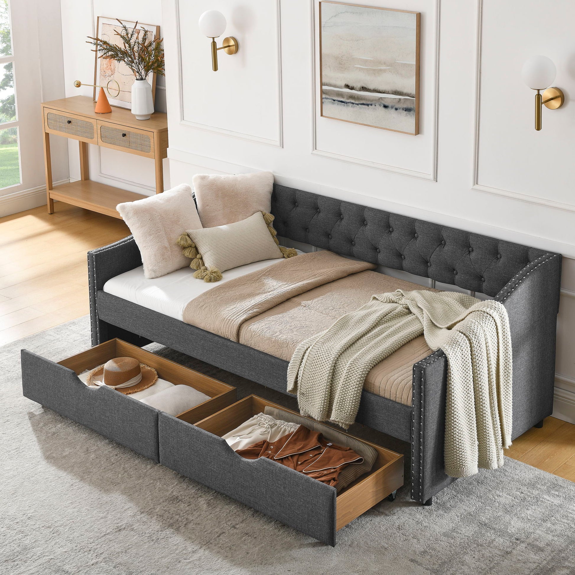 Upholstered Tufted Daybed With 2 Drawers, Waved Arms - The Sleep Loft - Online Mattress Showroom NYC