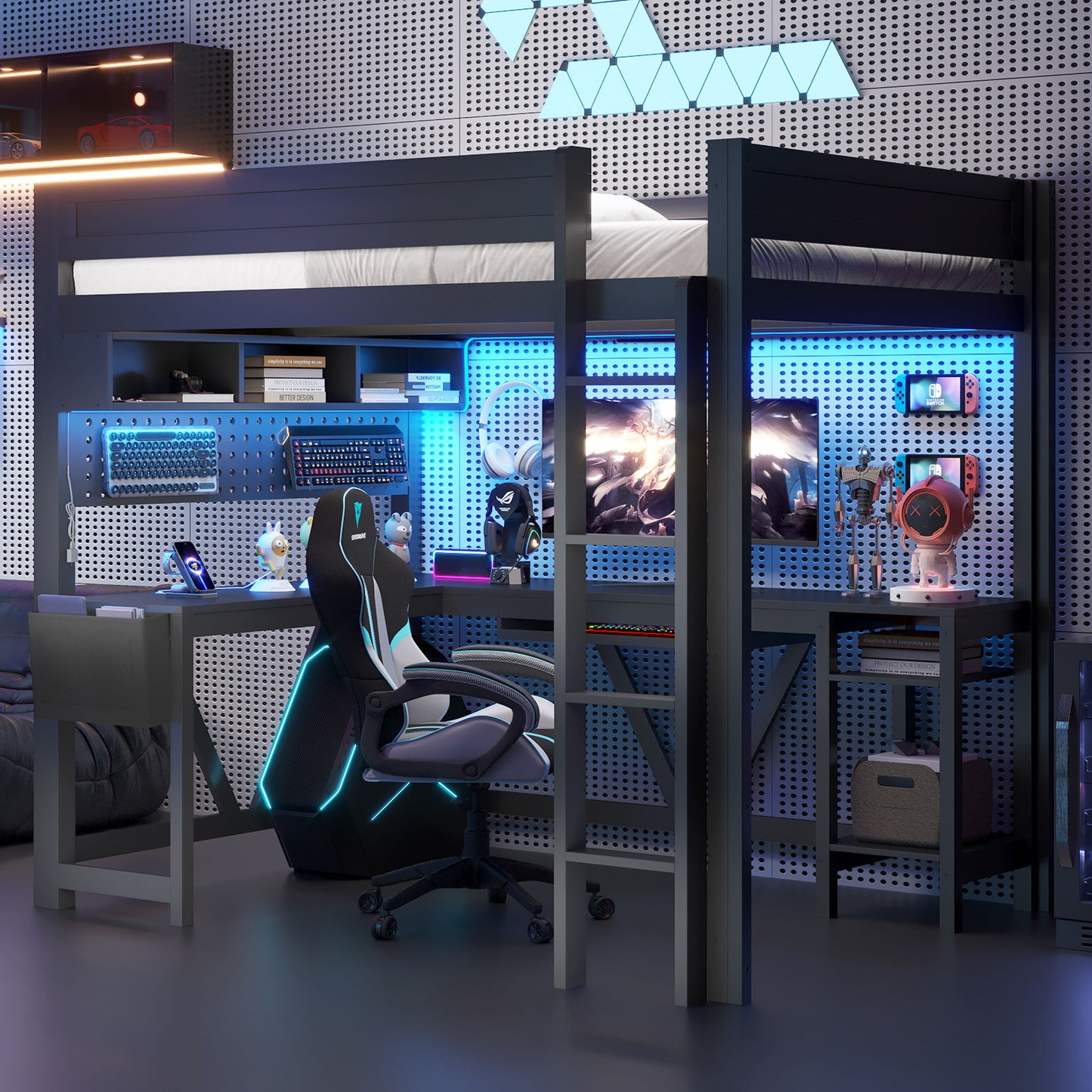 Gaming Loft Bed With Desk, Storage Shelves, LED And Charging Station - The Sleep Loft - Online Mattress Showroom NYC