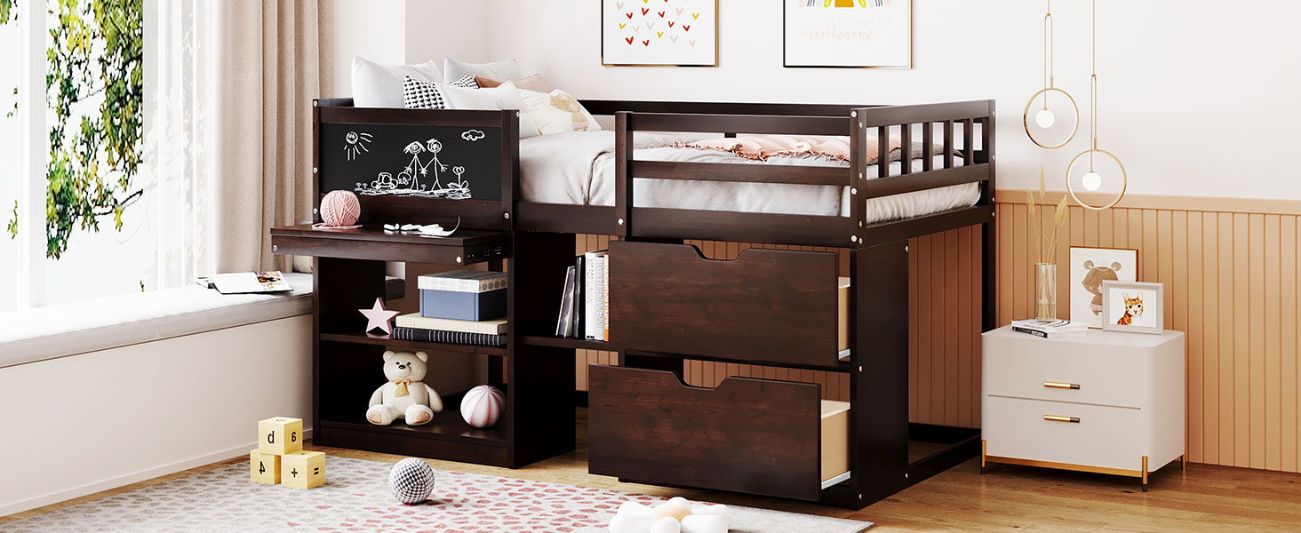 Low Loft Bed With Rolling Desk, Shelf And Drawers - The Sleep Loft - Online Mattress Showroom NYC