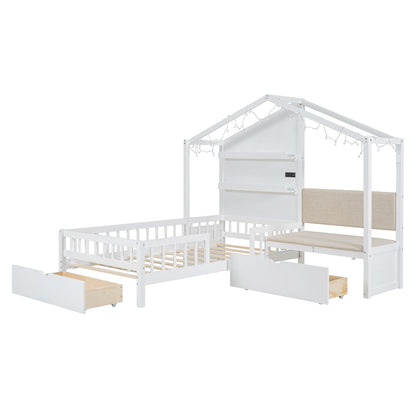 House Bed With Upholstered Sofa, Wireless Charging Station, Shelves And 2 Drawers - The Sleep Loft - Online Mattress Showroom NYC