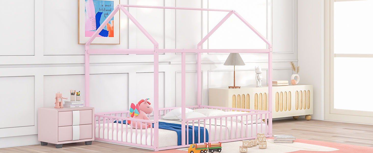 Metal Bed House Bed Frame With Fence - The Sleep Loft - Online Mattress Showroom NYC