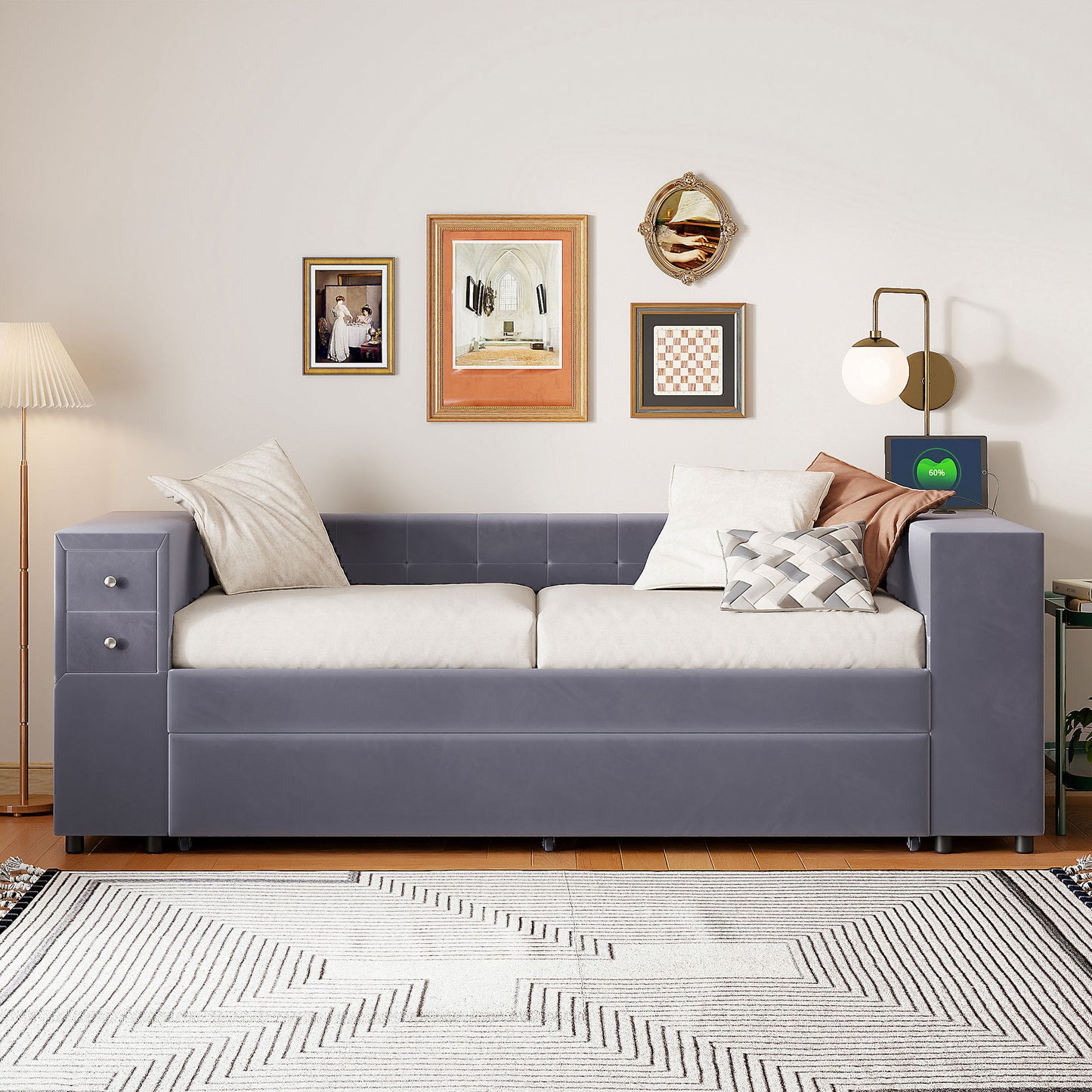 Upholstered Bed With Storage And Twin Trundle, USB Charging Ports - The Sleep Loft - Online Mattress Showroom NYC