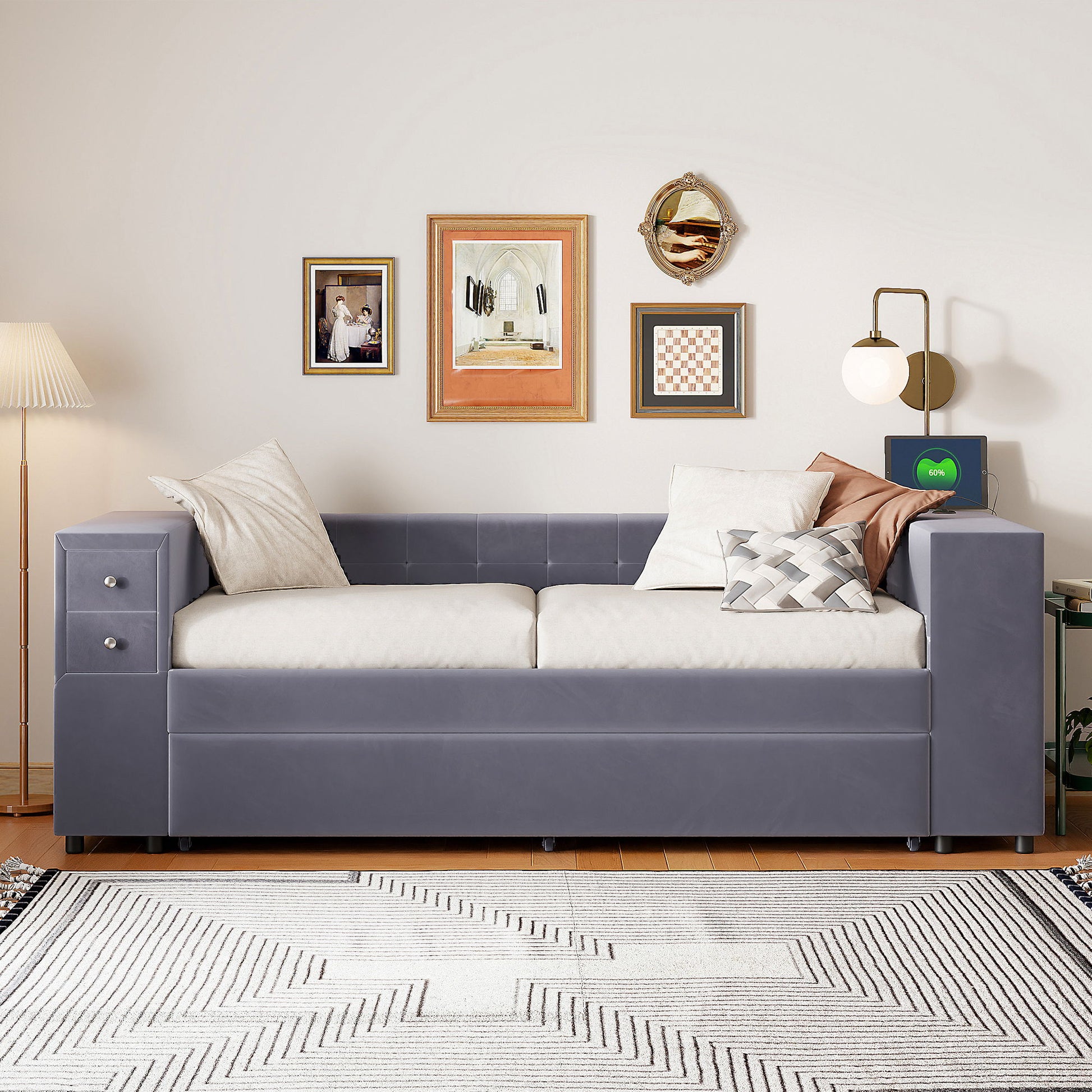 Upholstered Bed With Storage And Twin Trundle, USB Charging Ports - The Sleep Loft - Online Mattress Showroom NYC