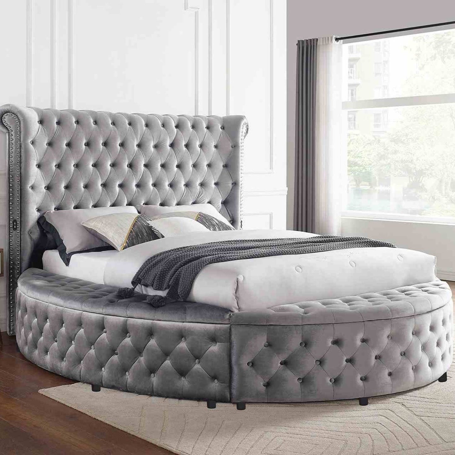 Glam Button Tufted Wingback Round Bed With Storage And USB Ports - The Sleep Loft - Online Mattress Showroom NYC