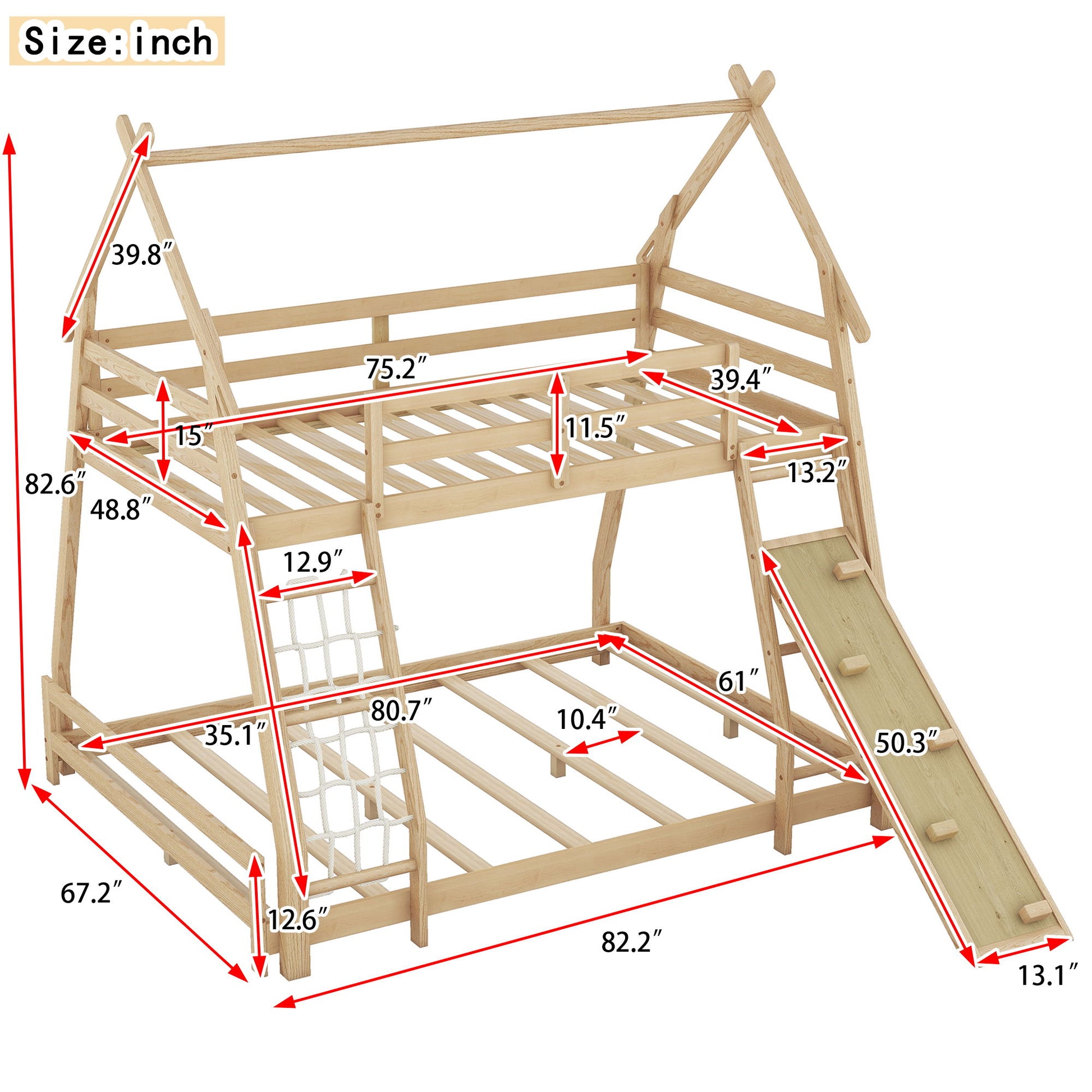 Twin Over Queen House Bunk Bed With Climbing Nets And Climbing Ramp - The Sleep Loft - Online Mattress Showroom NYC