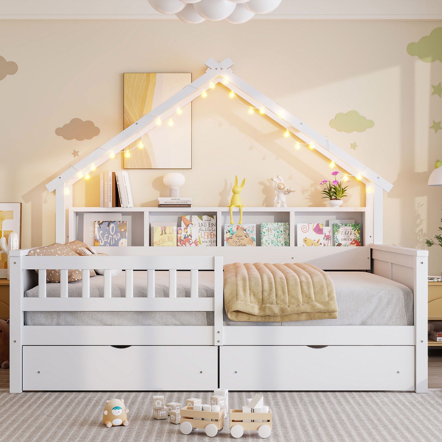 House Style Platform Bed With LED Lights, Storage Shelves, Drawers, And Guardrail - The Sleep Loft - Online Mattress Showroom NYC