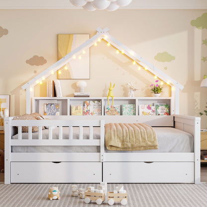 House Style Platform Bed With LED Lights, Storage Shelves, Drawers, And Guardrail - The Sleep Loft - Online Mattress Showroom NYC