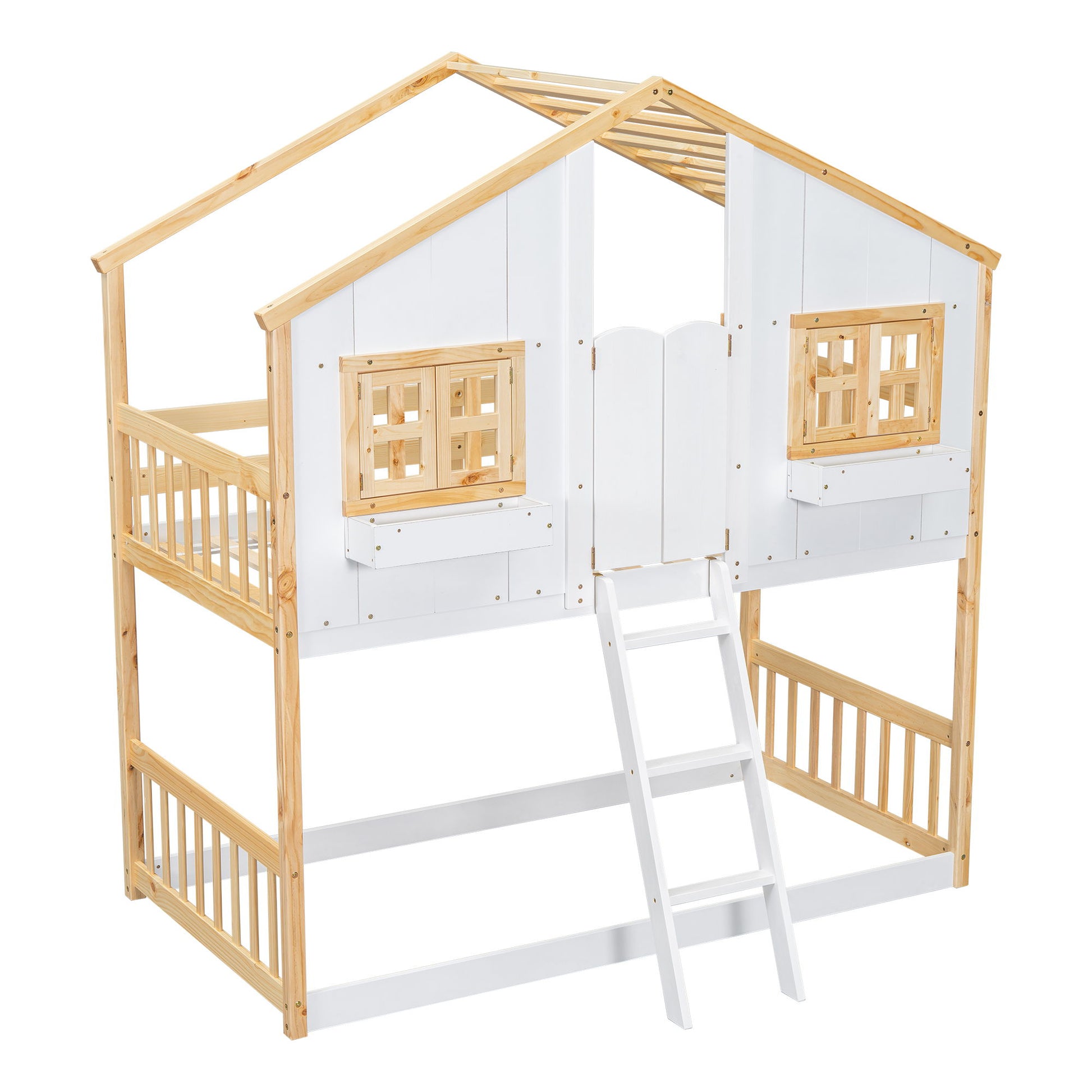 House Bunk Bed With Roof, Window, Window Box, Door, With Safety Guardrails And Ladder - The Sleep Loft - Online Mattress Showroom NYC