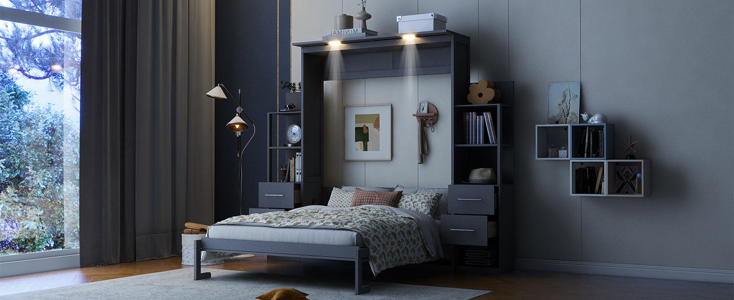 Murphy Wall Bed With Shelves, Drawers And LED Lights - The Sleep Loft - Online Mattress Showroom NYC