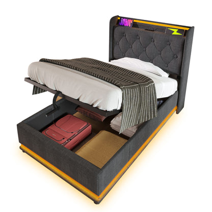 Upholstered Bed, 360 Surround LED Function, Remote Control, Hydraulic Storage Bed With USB, Type-C Charging (Without Mattress) - The Sleep Loft - Online Mattress Showroom NYC