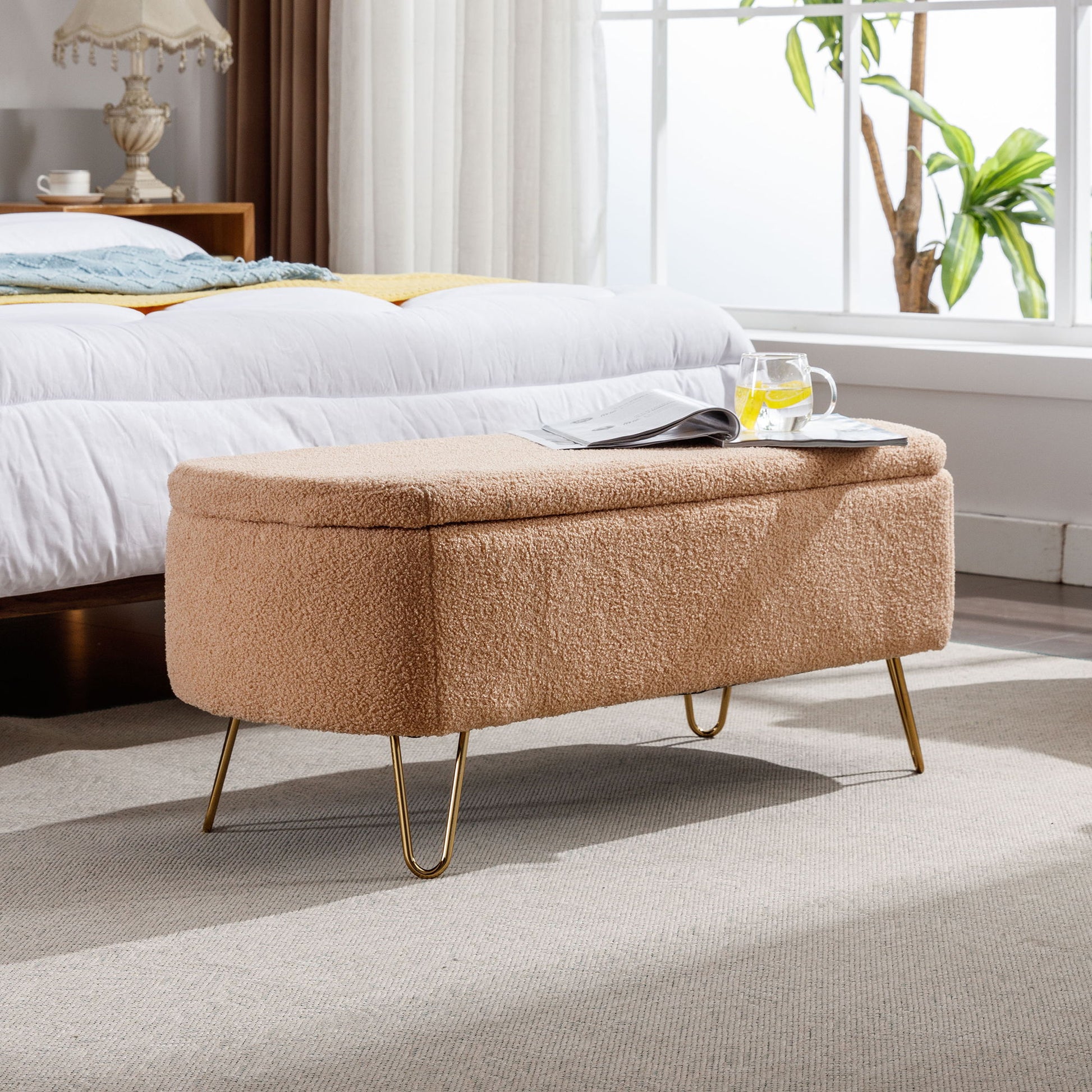 Storage Ottoman Bench For End Of Bed Legs, Modern Camel Faux Fur Entryway Bench Upholstered Padded With Storage For Living Room Bedroom - The Sleep Loft - Online Mattress Showroom NYC
