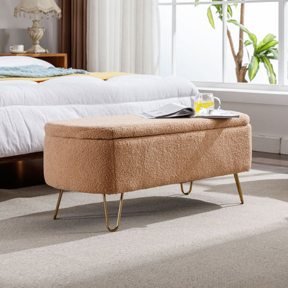 Storage Ottoman Bench For End Of Bed Legs, Modern Camel Faux Fur Entryway Bench Upholstered Padded With Storage For Living Room Bedroom - The Sleep Loft - Online Mattress Showroom NYC