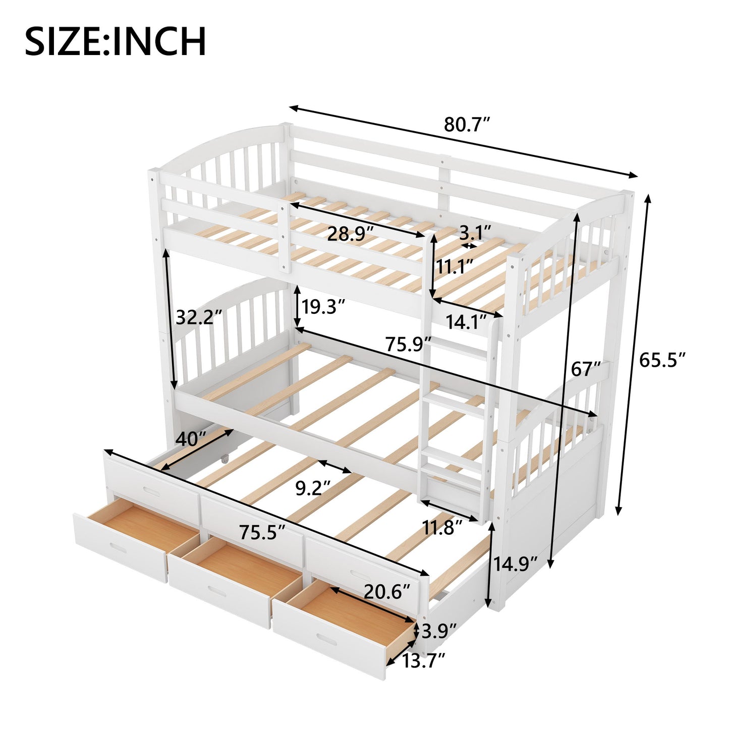 Bunk Bed With Trundle And Drawers, Arched Headboard And Footboard - The Sleep Loft - Online Mattress Showroom NYC