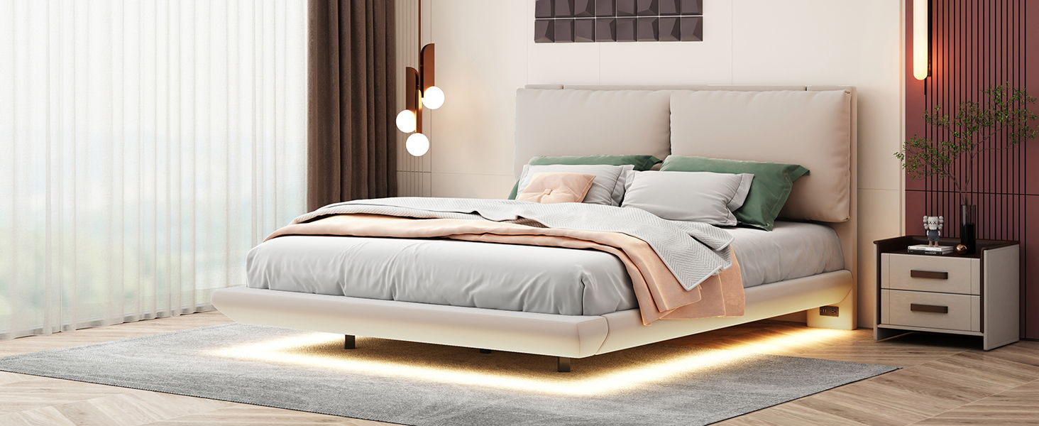 Upholstered Platform Bed With Sensor Light And 2 Large Backrests, With 2 Sets Of USB Port And Socket On Each Rear Bed Leg - The Sleep Loft - Online Mattress Showroom NYC