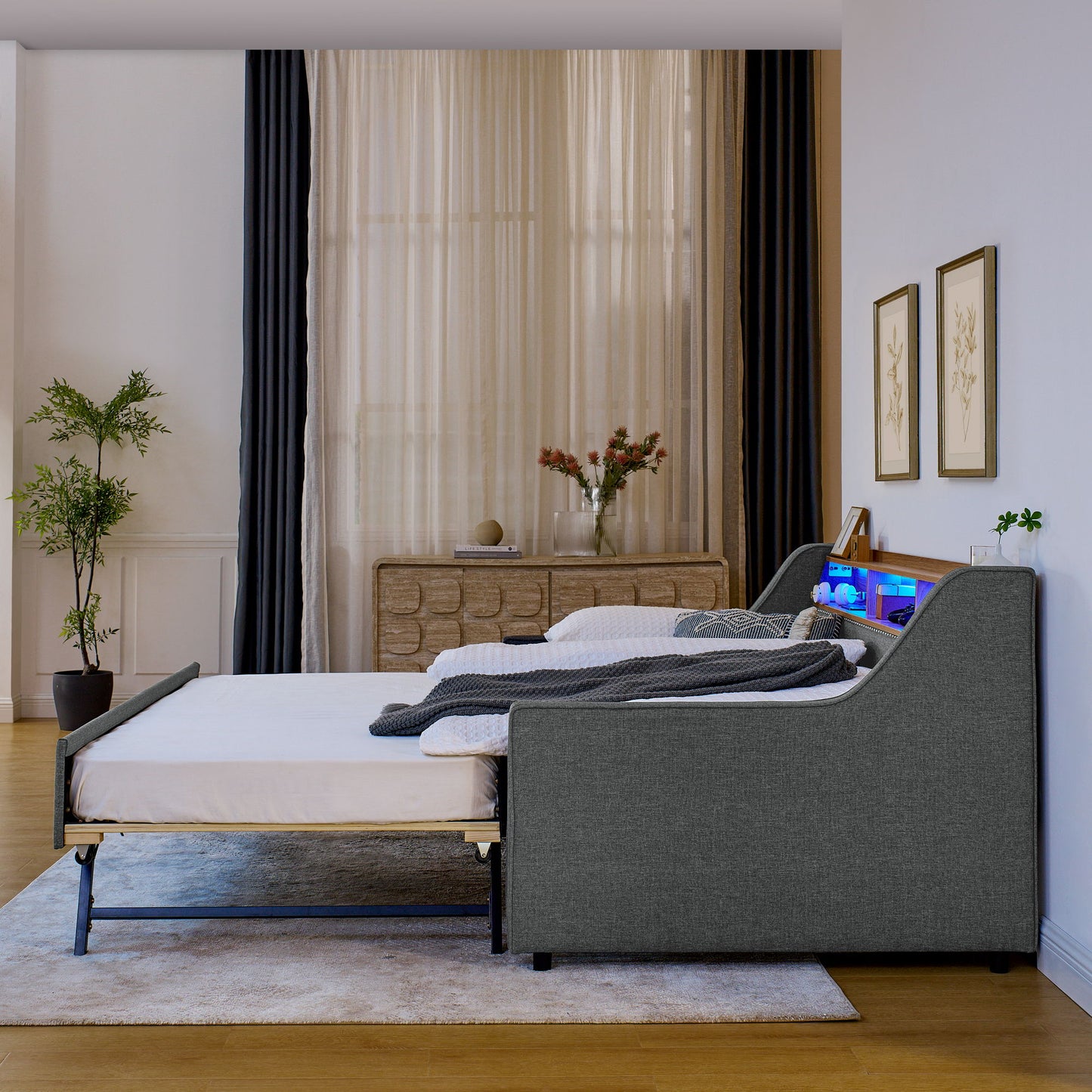 Upholstered Sofa Bed With LED Lights, Storage Headboard, Foldable Trundle & Wireless Charging - The Sleep Loft - Online Mattress Showroom NYC