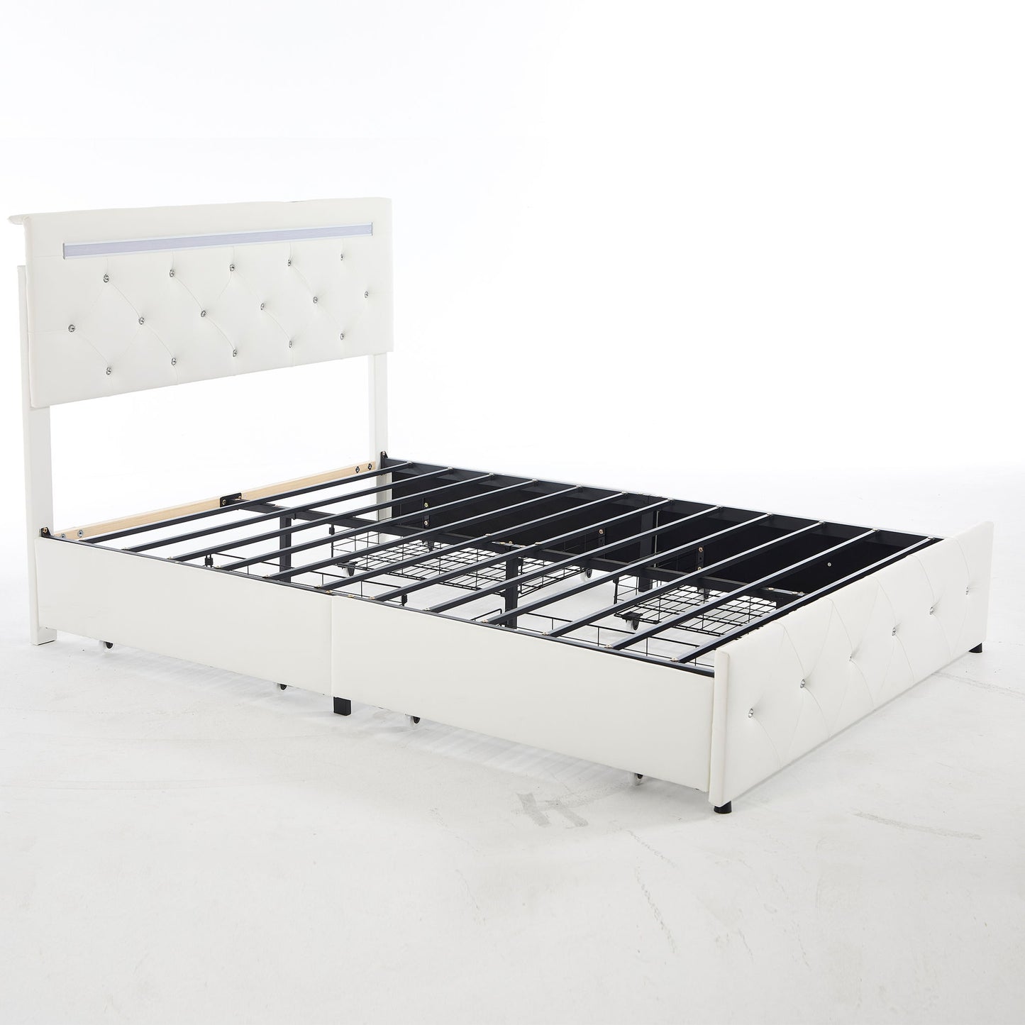 Upholstered Bed Frame With LED Lights, 4 Storage Drawers, Charging Station - The Sleep Loft - Online Mattress Showroom NYC