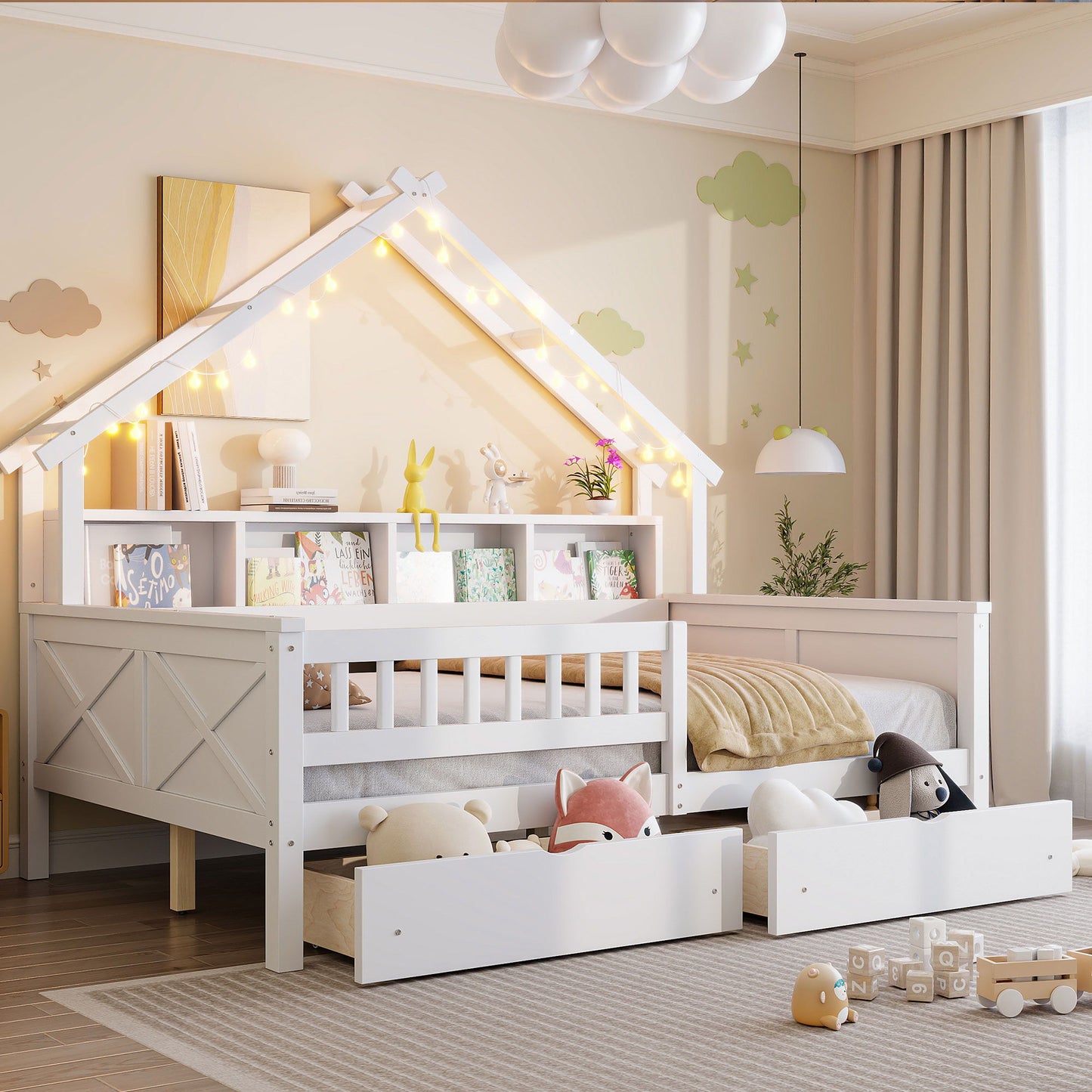 House Style Platform Bed With LED Lights, Storage Shelves, Drawers, And Guardrail - The Sleep Loft - Online Mattress Showroom NYC