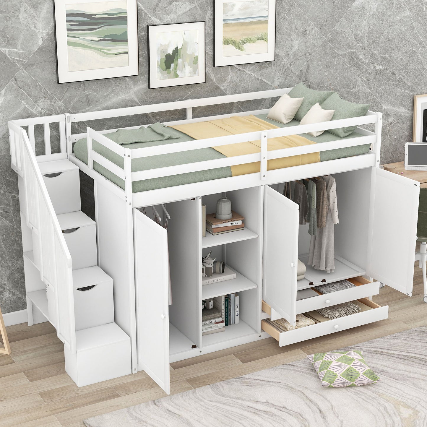 Loft Bed With 3 Shelves, 2 Wardrobes, 2 Drawers, Ladder Storage - The Sleep Loft - Online Mattress Showroom NYC