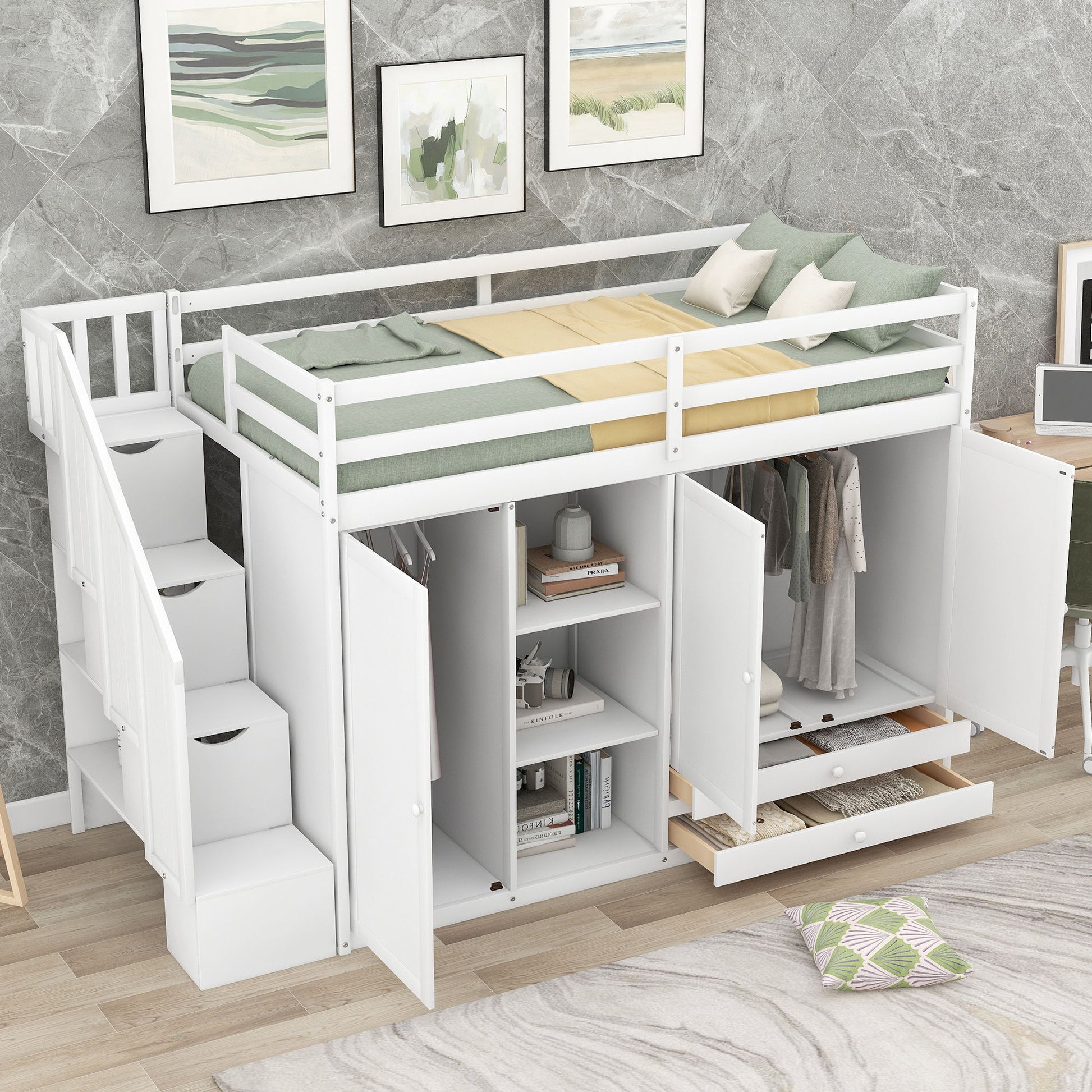 Loft Bed With 3 Shelves, 2 Wardrobes, 2 Drawers, Ladder Storage - The Sleep Loft - Online Mattress Showroom NYC