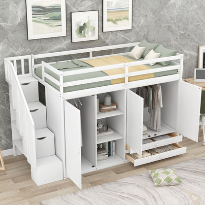 Loft Bed With 3 Shelves, 2 Wardrobes, 2 Drawers, Ladder Storage - The Sleep Loft - Online Mattress Showroom NYC