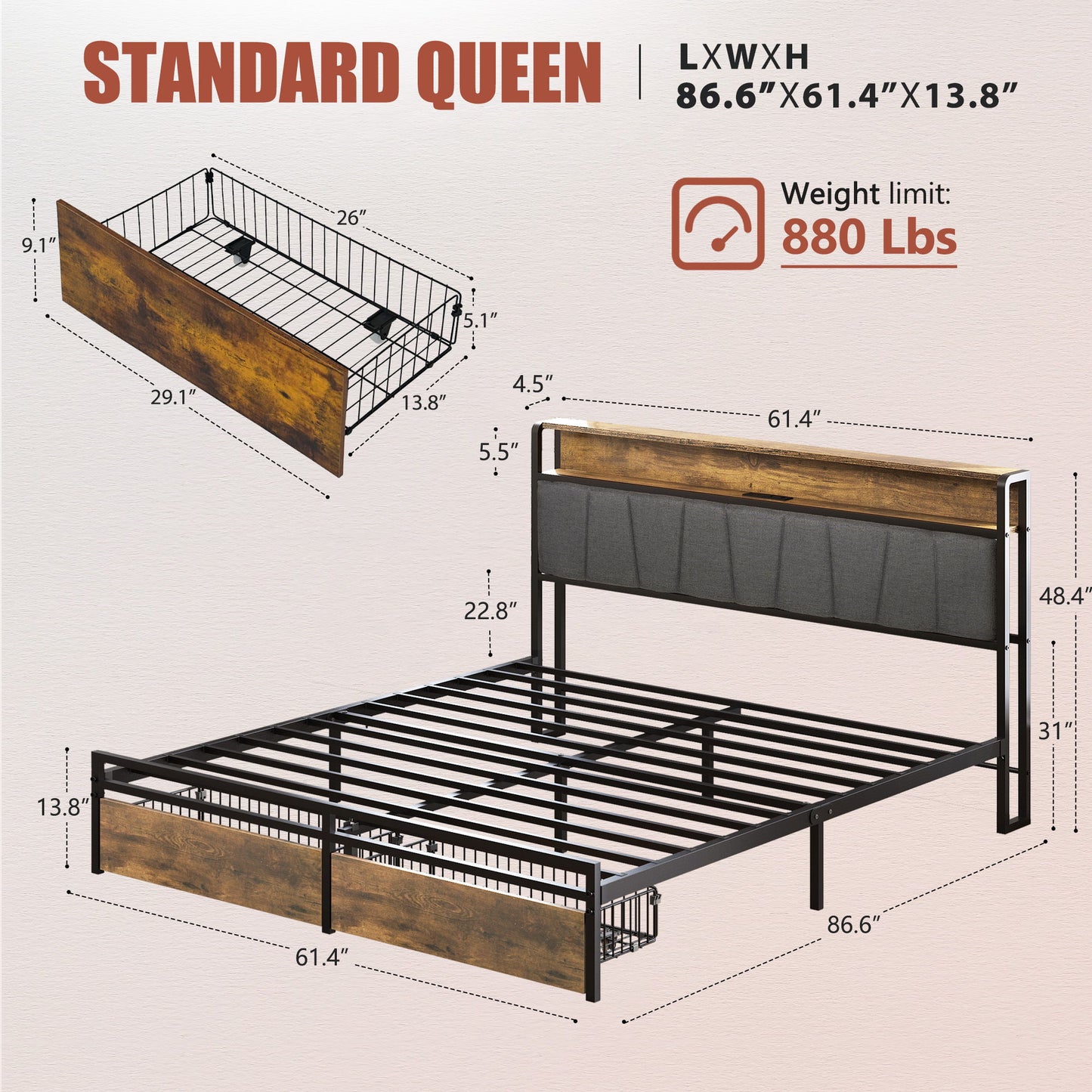 Upholstered Platform Bed Frame With Storage Drawers, USB Ports, LED Lights - The Sleep Loft - Online Mattress Showroom NYC