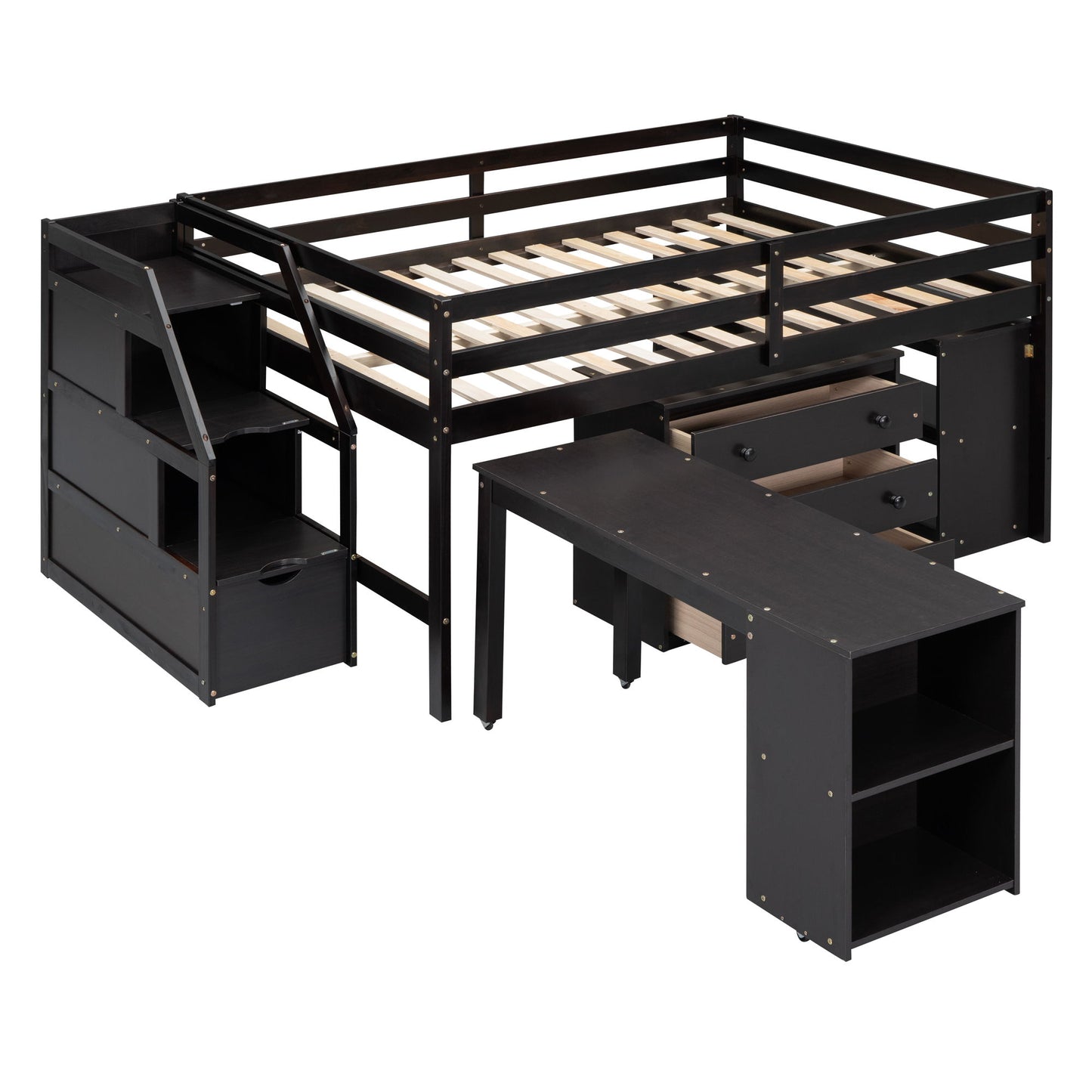 Loft Bed With Retractable Writing Desk And 3 Drawers With Storage Stairs And Shelves - The Sleep Loft - Online Mattress Showroom NYC