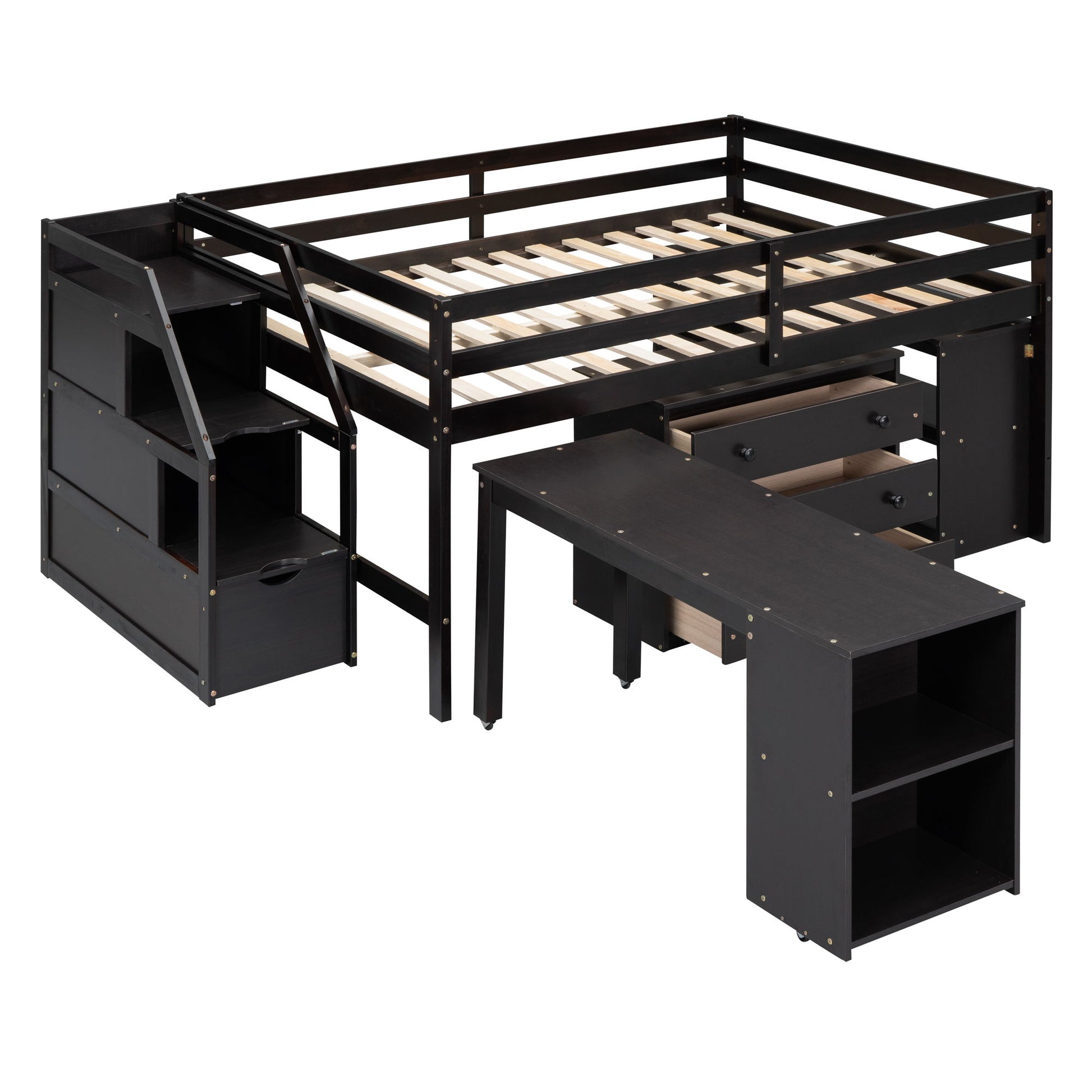 Loft Bed With Retractable Writing Desk And 3 Drawers With Storage Stairs And Shelves - The Sleep Loft - Online Mattress Showroom NYC