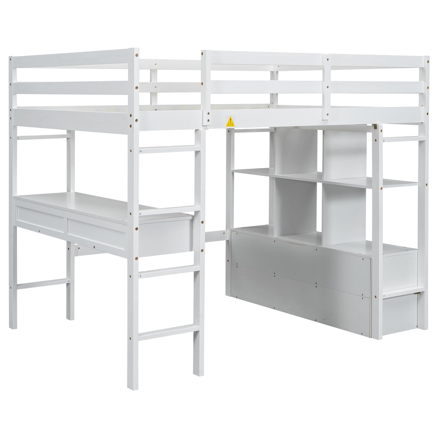 Full Size Loft Bed With Built In Desk, 2 Drawers, Storage Shelves - White - The Sleep Loft - Online Mattress Showroom NYC