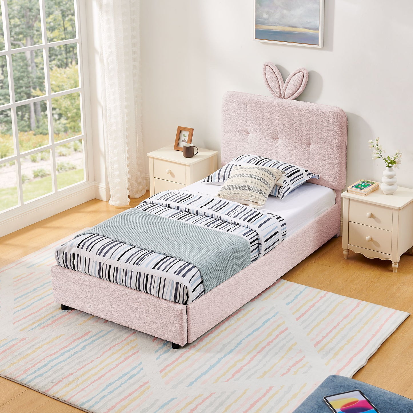 Upholstered Bed With Oversized Rabbit Ear Headboard, LED Lights & 4 Storage Drawers - The Sleep Loft - Online Mattress Showroom NYC