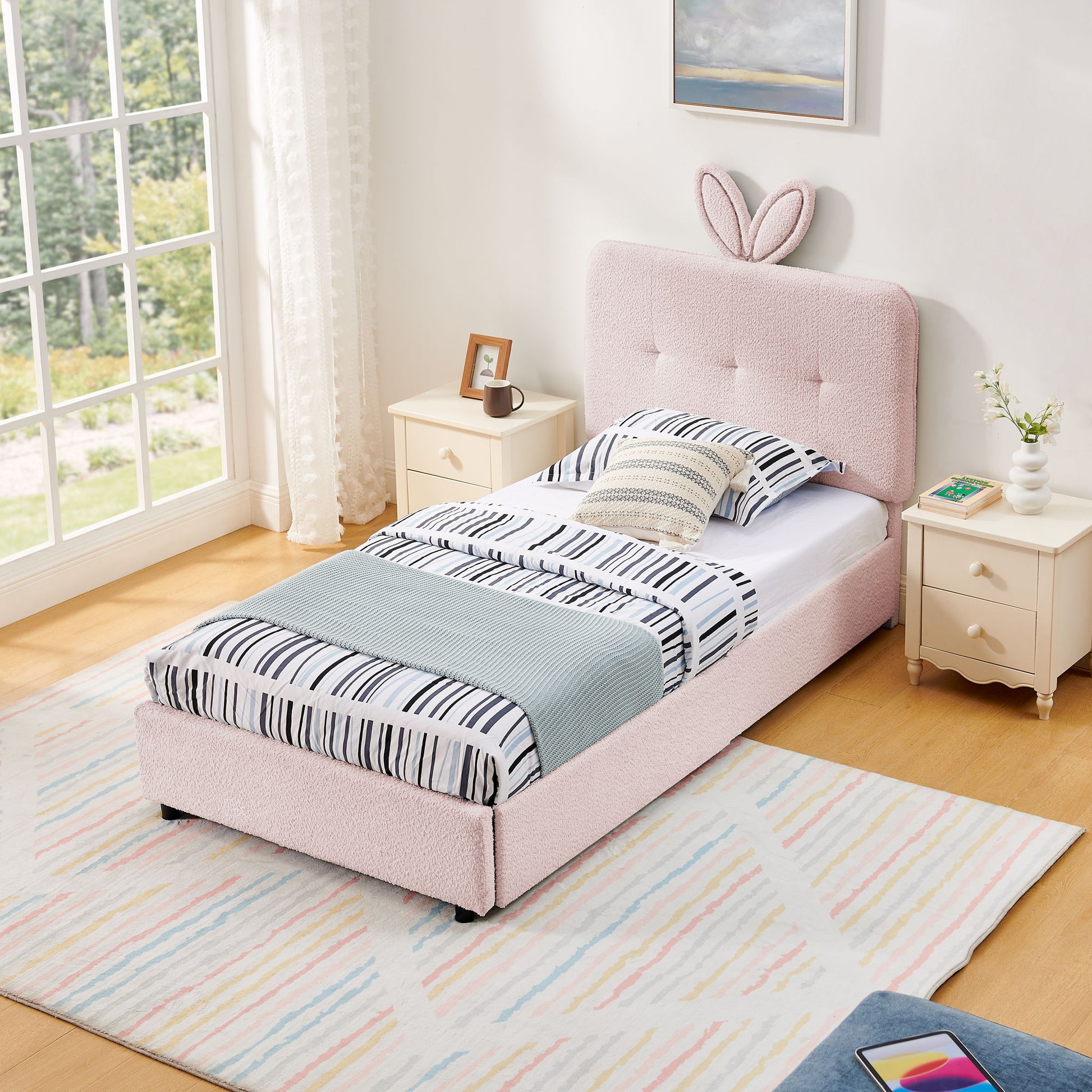 Upholstered Bed With Oversized Rabbit Ear Headboard, LED Lights & 4 Storage Drawers - The Sleep Loft - Online Mattress Showroom NYC