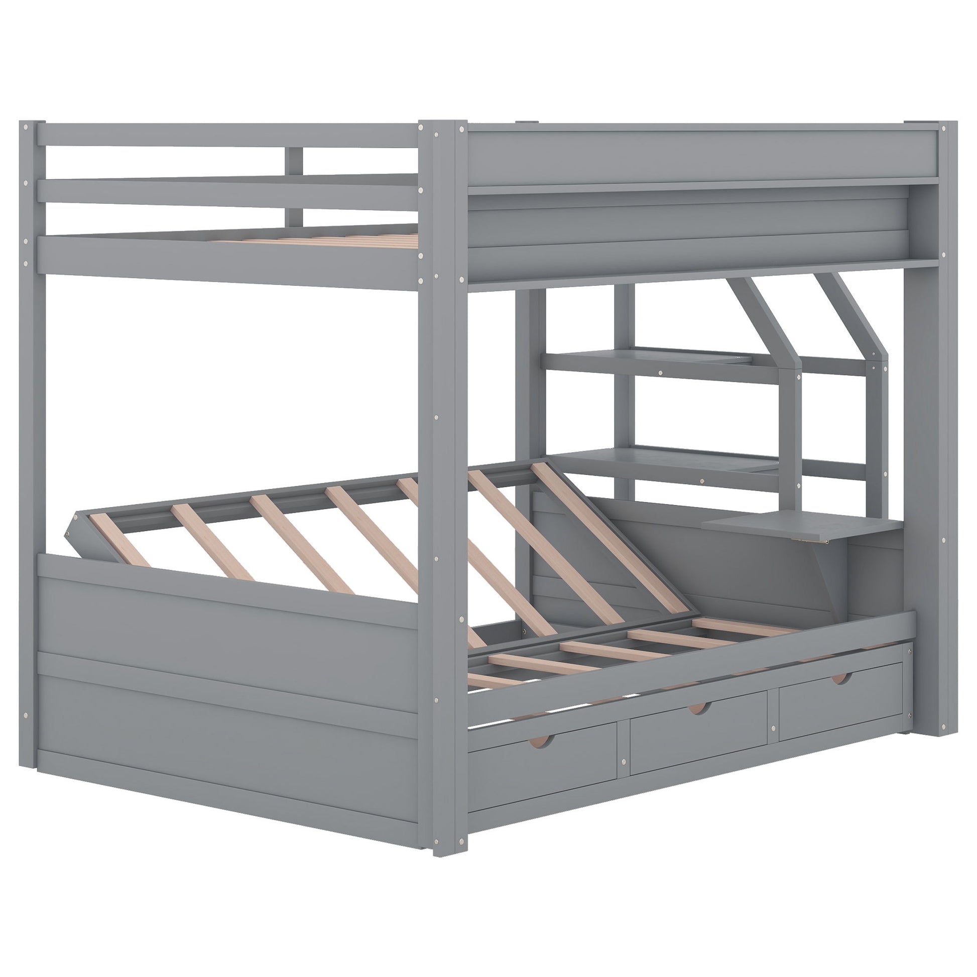 Wood Full Size Convertible Bunk Bed With Storage Staircase, Bedside Table, And 3 Drawers - Gray - The Sleep Loft - Online Mattress Showroom NYC