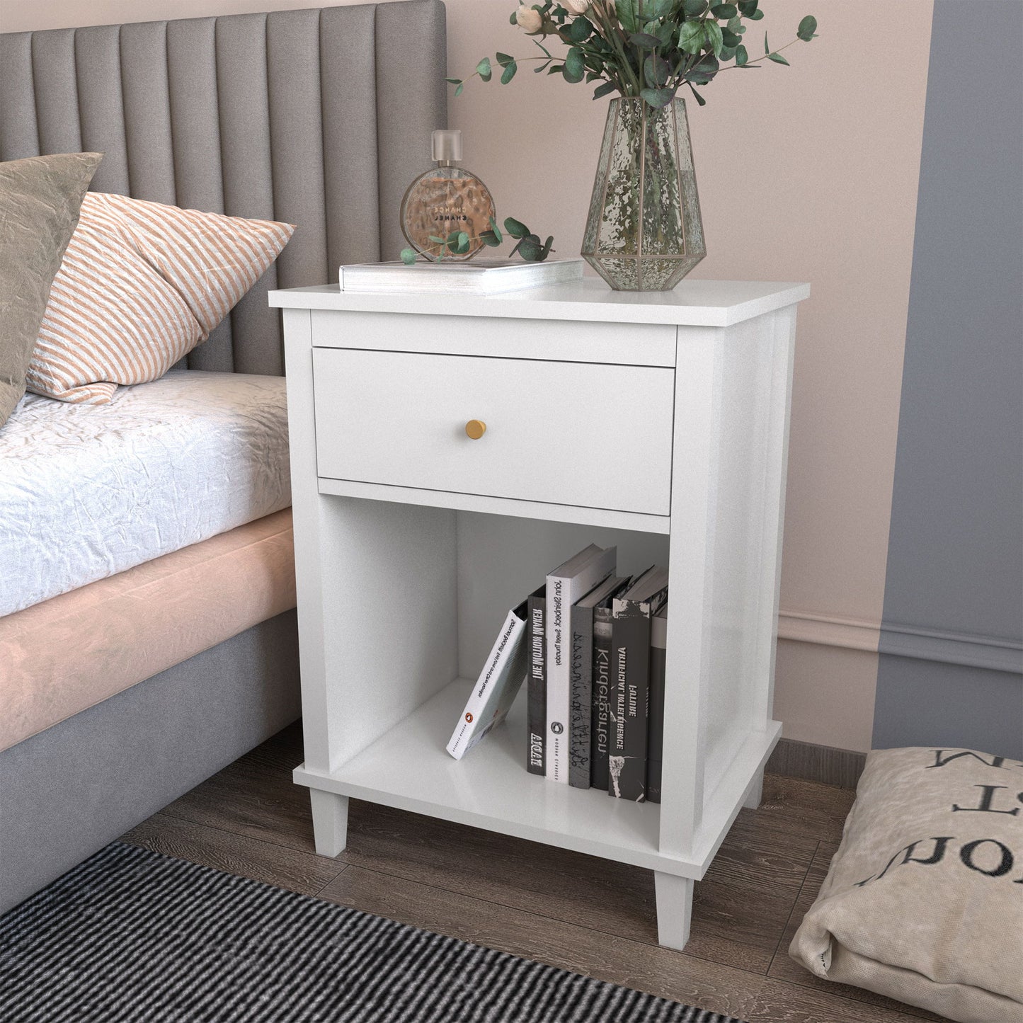 Nightstand & 1 Drawer And 1 Shelf - White - The Sleep Loft - Online Mattress Showroom NYC